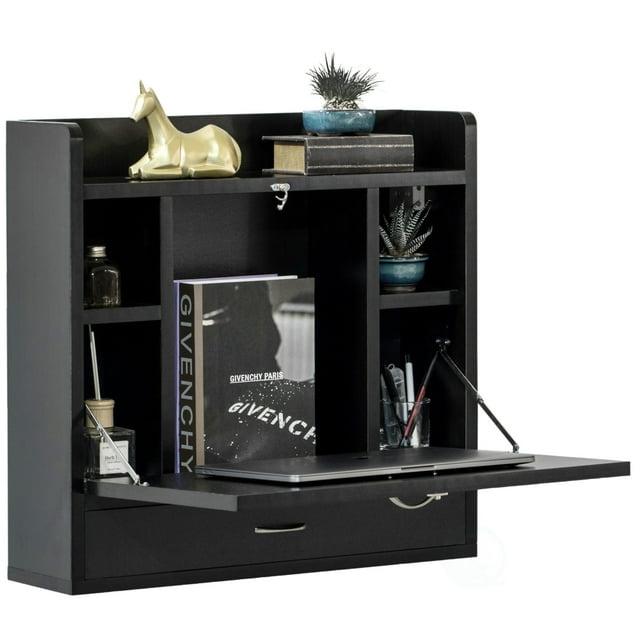 Basicwise Wall Mount Folding Laptop Writing Computer or Makeup Desk with Storage Shelves and Drawer, Black
