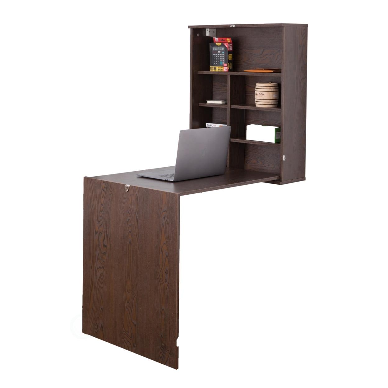 Brown Wood Foldable Wall Mount Laptop Desk with Shelves