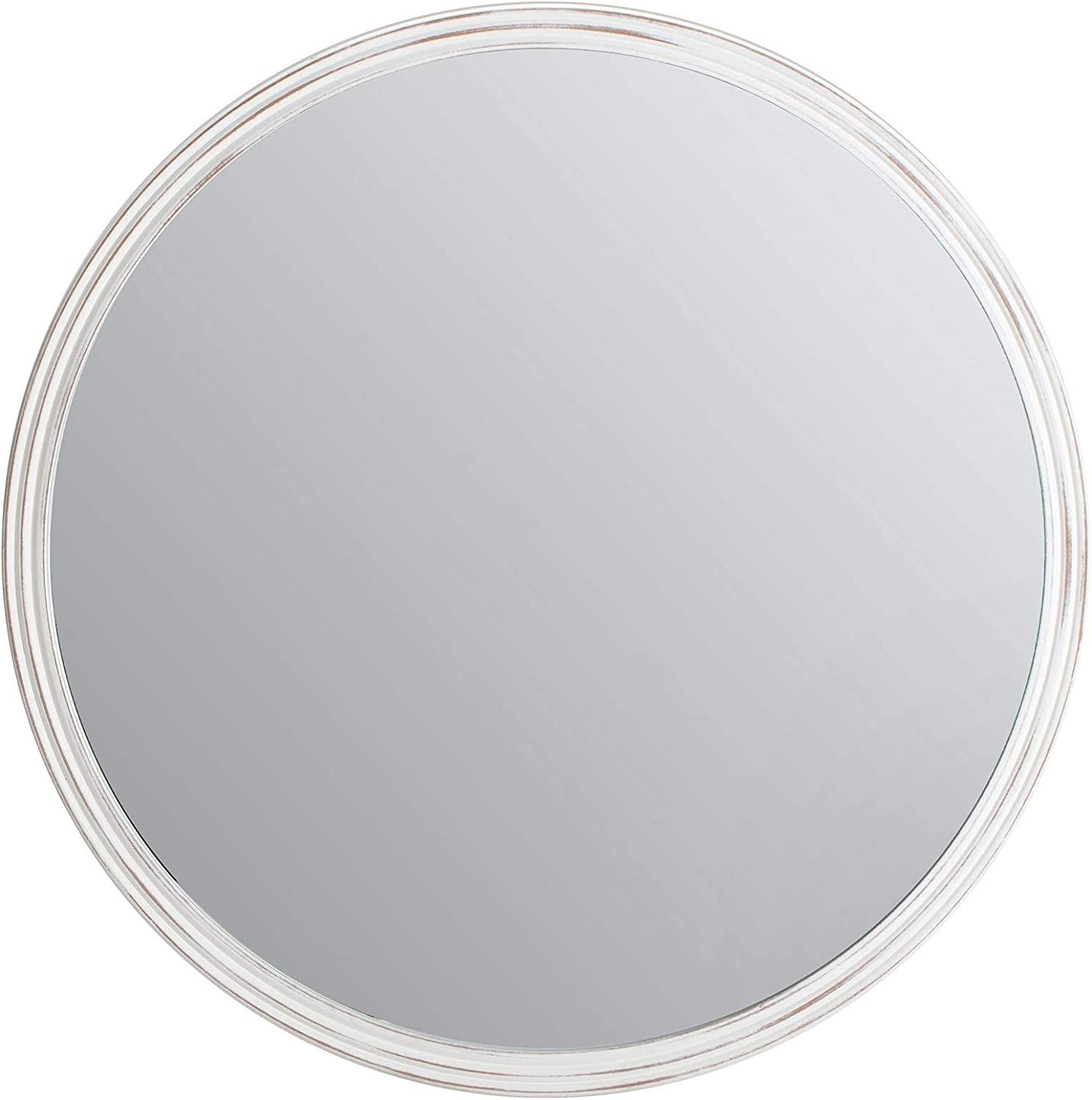 Distressed White Round Wood Frame Wall Mirror