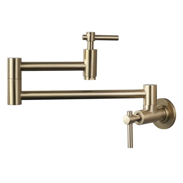 Wall Mount Pot Filler, Gold Brass Pot Filler Faucet with 2 Handles, Single Hole Stretchable Faucet with Double Joint Swing Arm Pot Filler above Stove