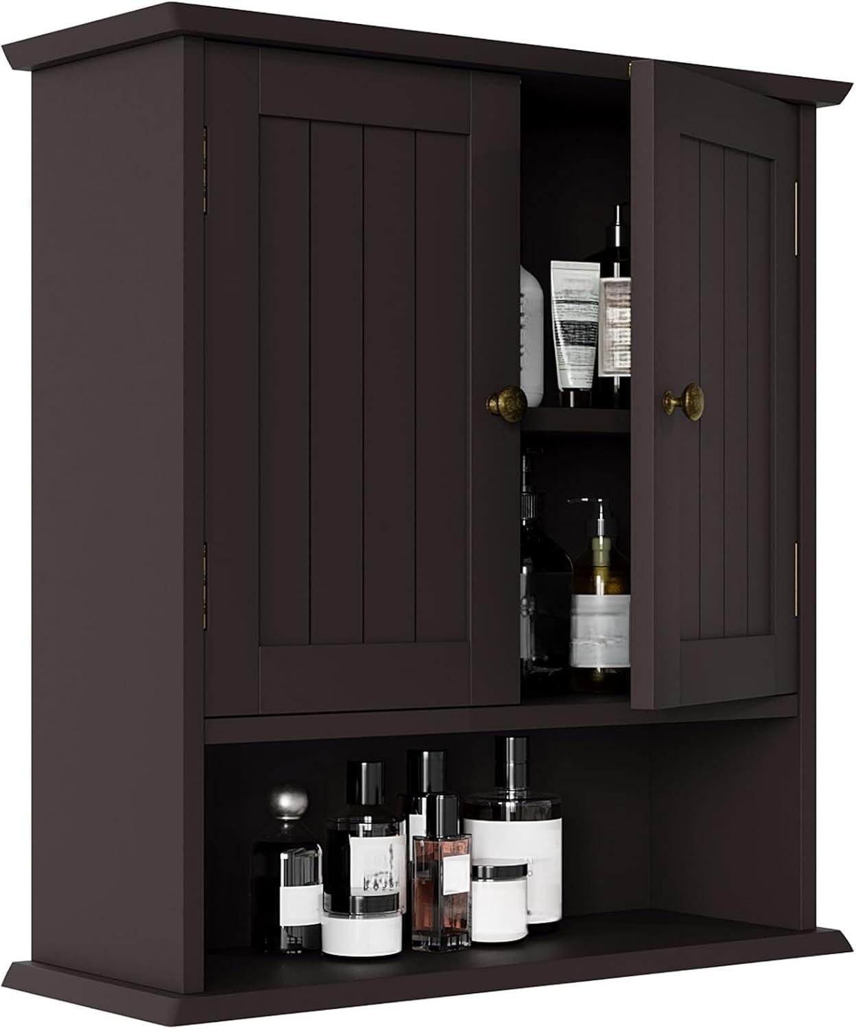 Semiocthome Bathroom Medicine Cabinet Wood 2 Doors Wall Cabinet over the Toilet Storage in Brown
