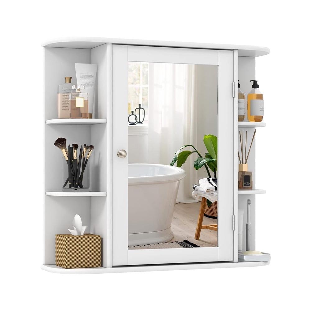 Wall Mounted Cabinet, Wood Hanging Cabinet with Doors and 6 Open Shelves for Placing Towels, Bathroom Wall Mirror Cabinet, White