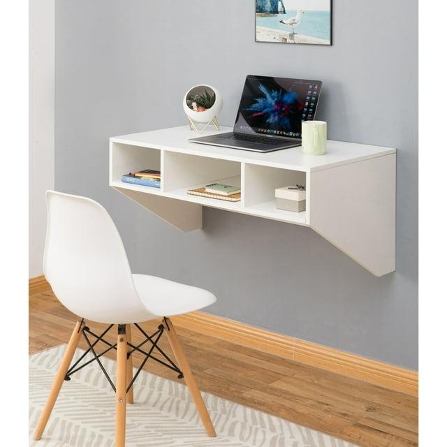 Basicwise Wall Mounted Office Computer Desk with Three Compartments, White