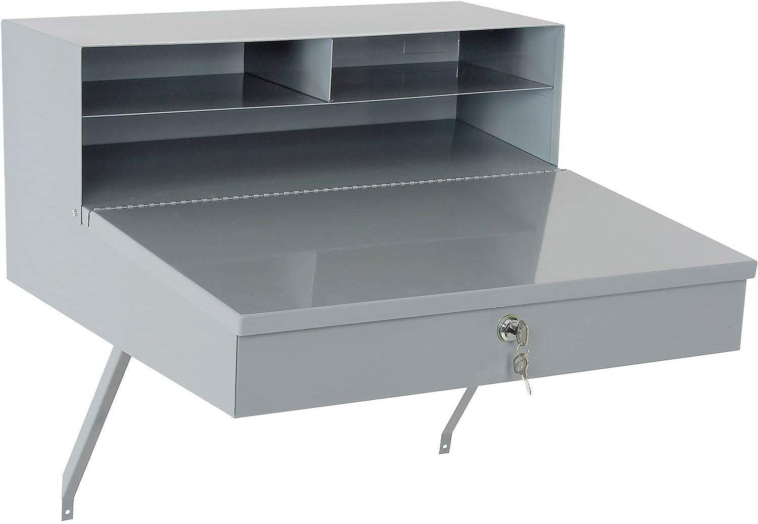 Gray Wall Mounted Steel Desk with Drawer and Compartments