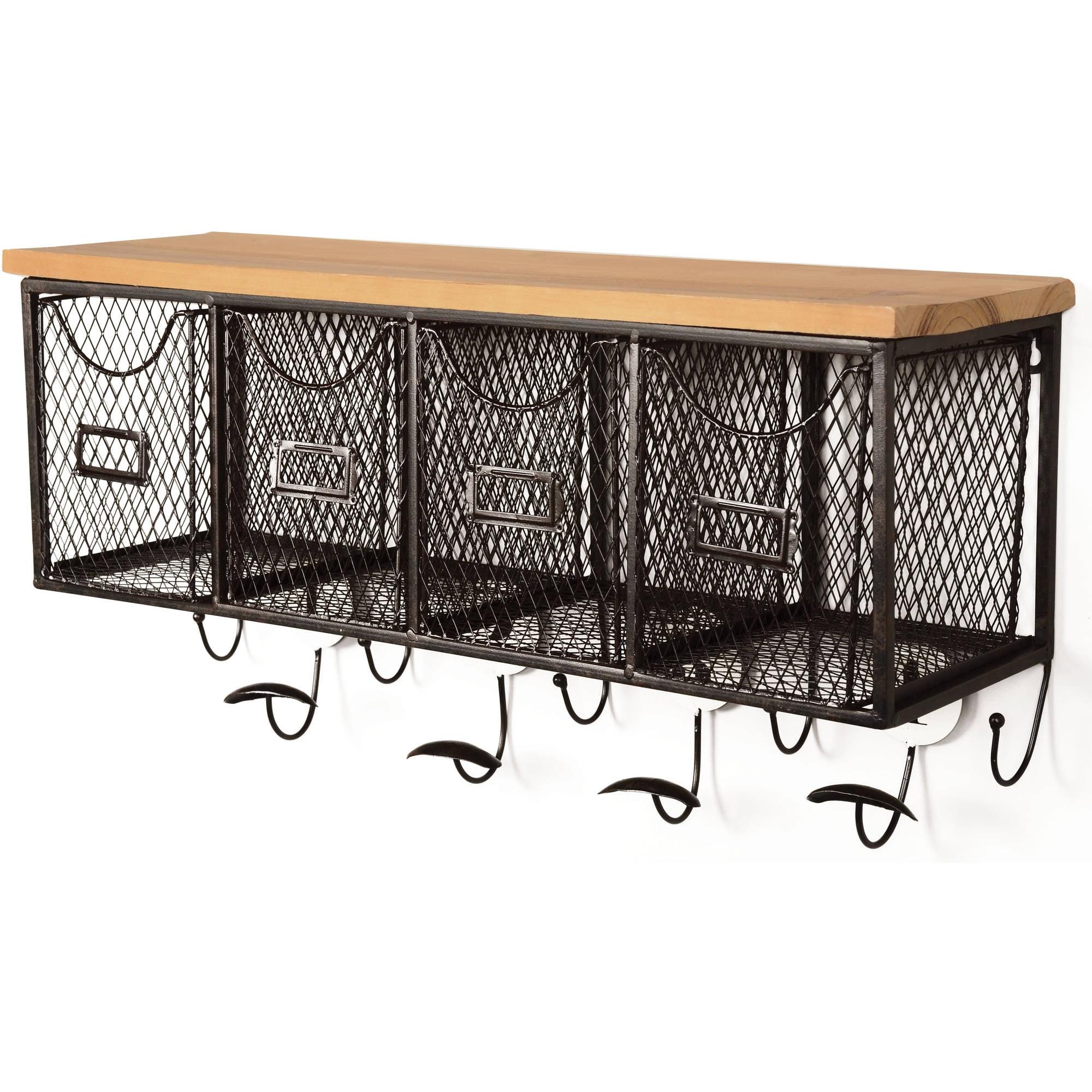 Wall Organizer with 4 Metal Baskets and Wood Top Hooks for Entryway Storage
