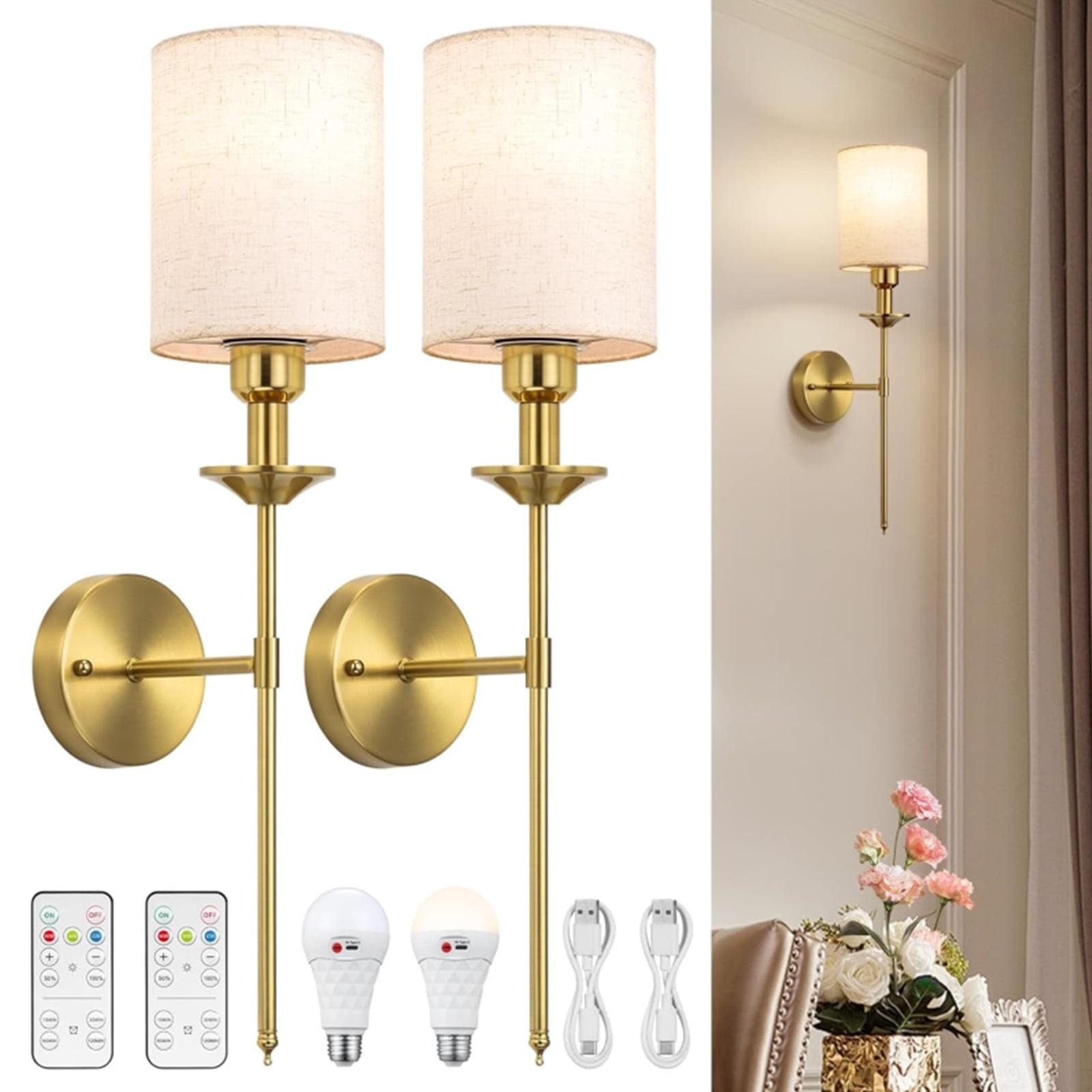Rechargeable Wireless Wall Sconces Set Of Two, Dimmable Battery Operated Wall Lights With Remote, Gold Electroplating, RGB 15 Colors, Ideal For Bedroom And Living Room
