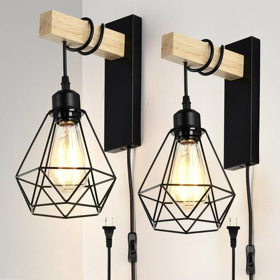 Plug in Wall Sconces Set of 2 with 6 FT On/Off Switch Cord, Wall Light Fixtures Black Industrial Farmhouse Indoor Wall Latern For Bedroom Living Room