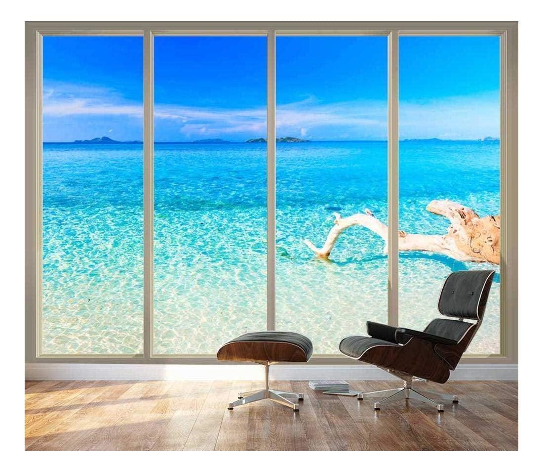 Wall26 - Large Wall Mural - Tropical Beach Seen Through Sliding Glass Doors | 3D Visual Effect Self-Adhesive Vinyl Wallpaper/Removable Modern Decorating Wall Art - 100"x144"