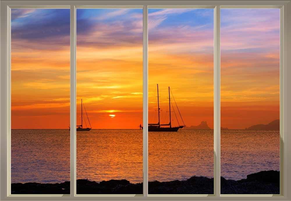 Wall26 - Sunset Over The Ocean as Boats Sail Near The Rocks Viewed from Sliding Door - Creative Wall Mural, Peel and Stick Wallpaper, Home Decor - 66x96 inches