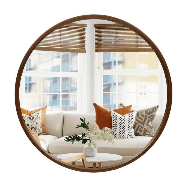 WallBeyond Classic Wooden Frame Farmhouse Round Wall Mirror Satin Walnut 24 inches Brown