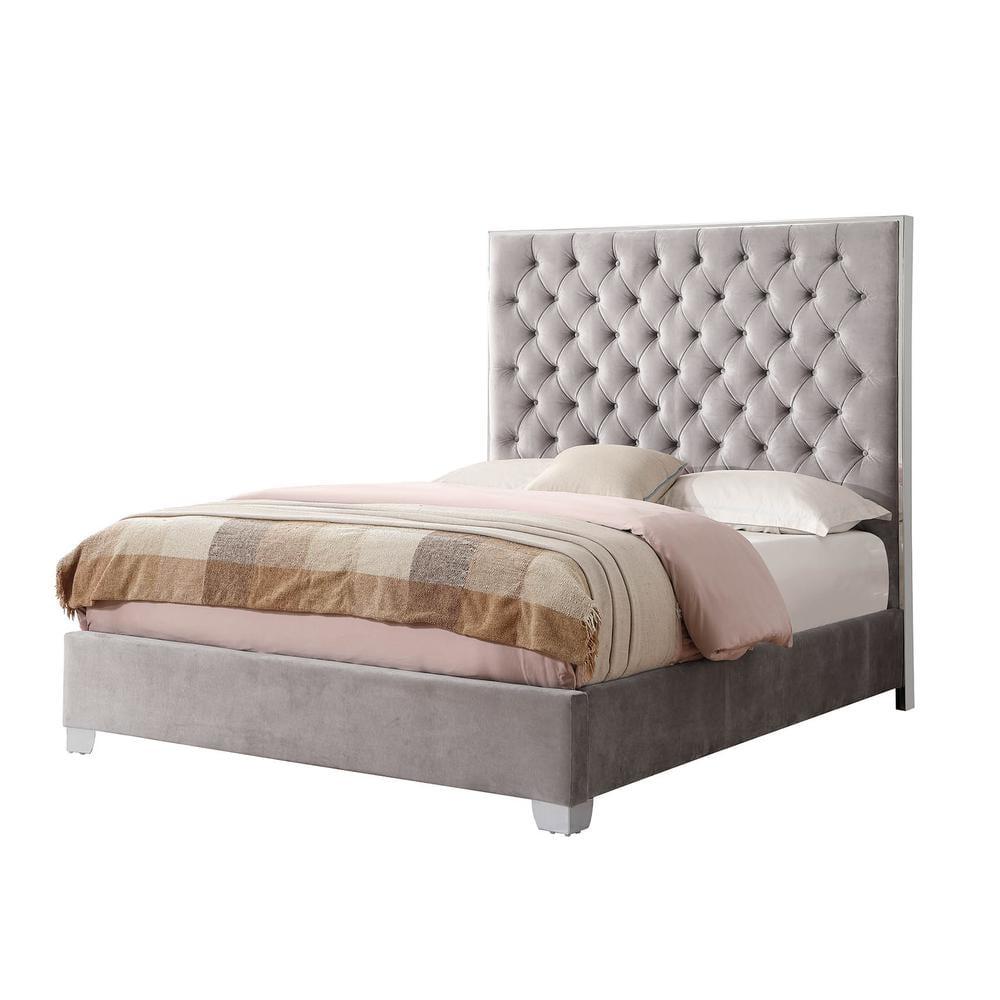 Elegant Gray Velvet Queen Platform Bed with Tufted Headboard