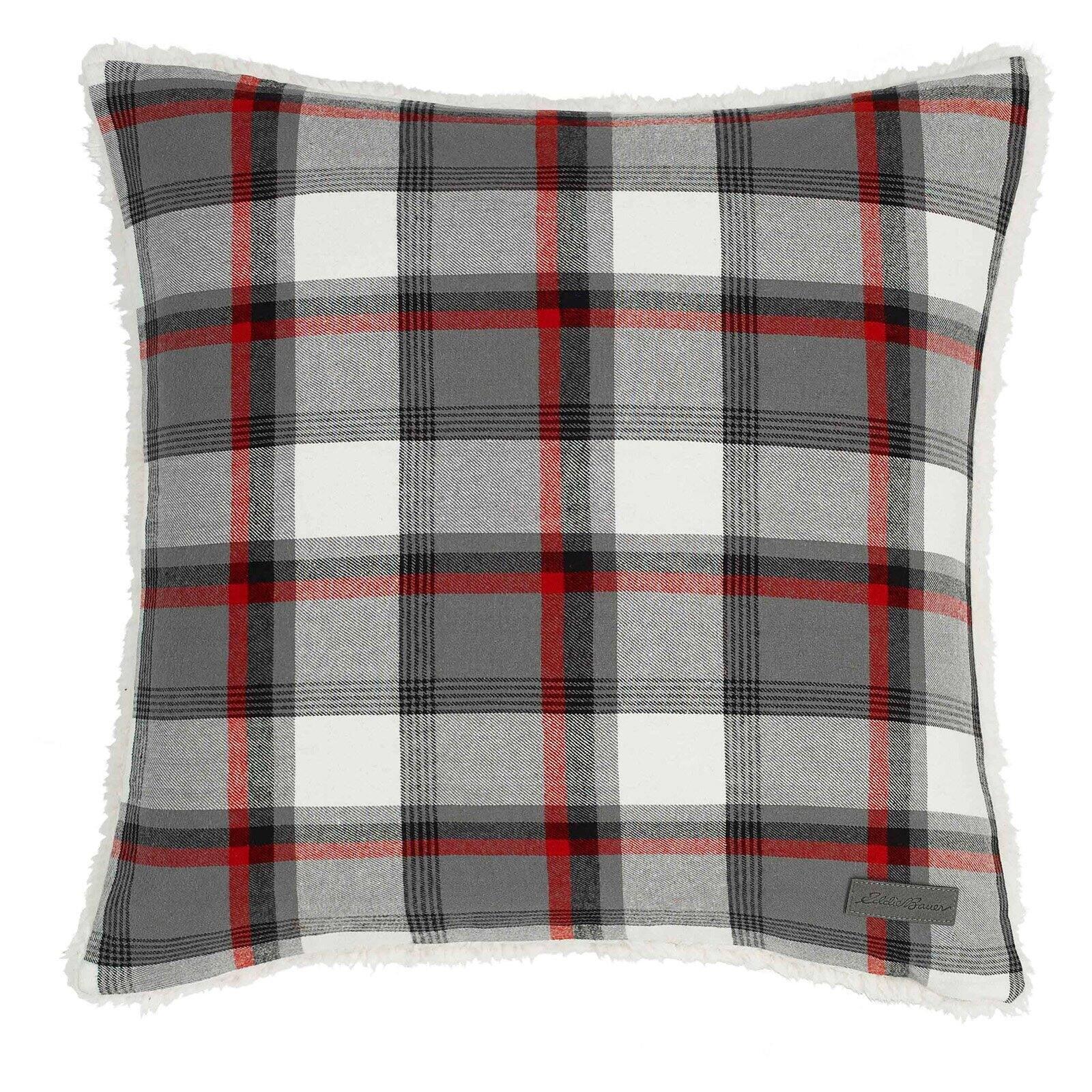 Eddie Bauer Cozy Plaid Sherpa 18" Square Throw Pillow in Gray and Red