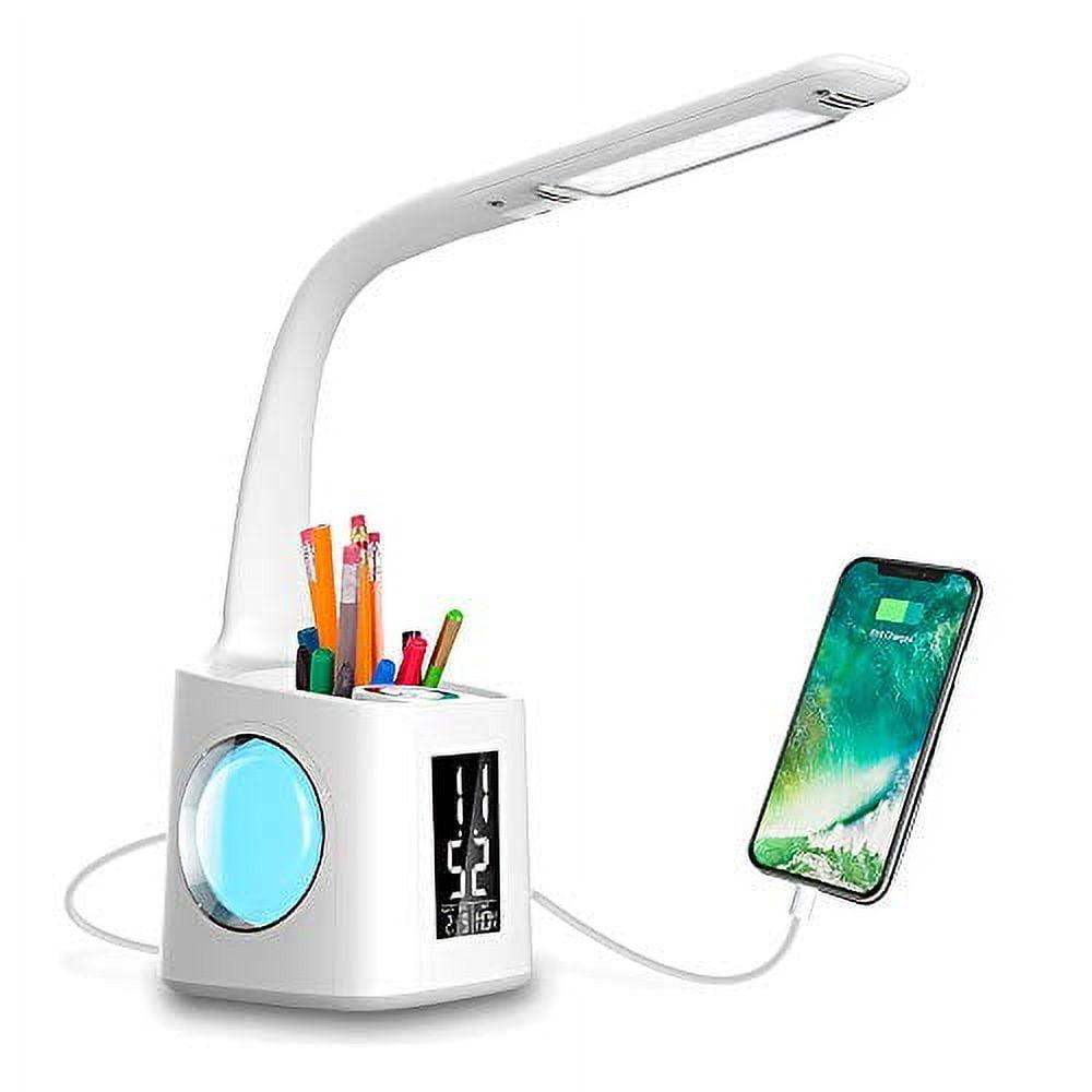 Study Desk Lamp with USB Charging Port&Screen&Calendar&Color Night Light, Kids Dimmable LED Table Lamp with Pen Holder&Clock, Reading Light for Students,10W
