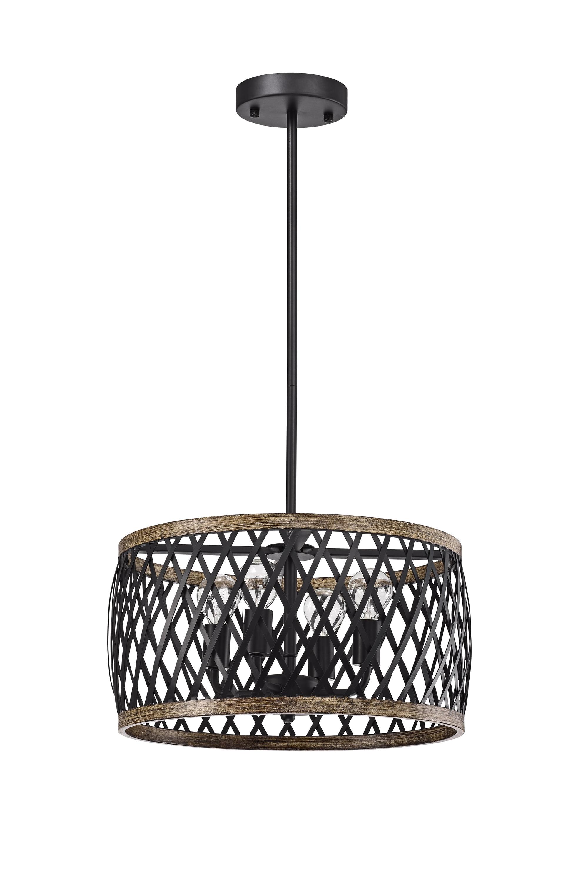 Matte Black Metal & Wood Grain Drum Chandelier with Geometric Shade