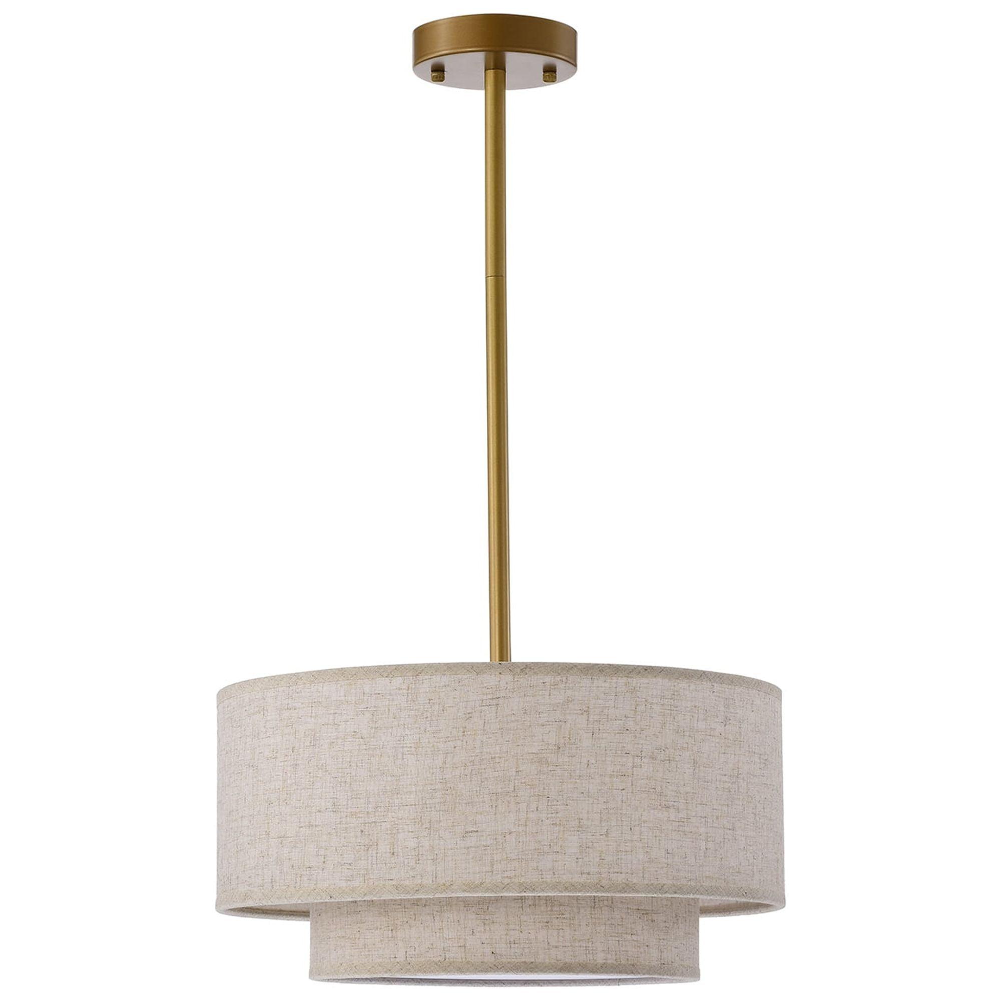 Matte Gold 3-Light Two-Tier Off-White Fabric Drum Chandelier