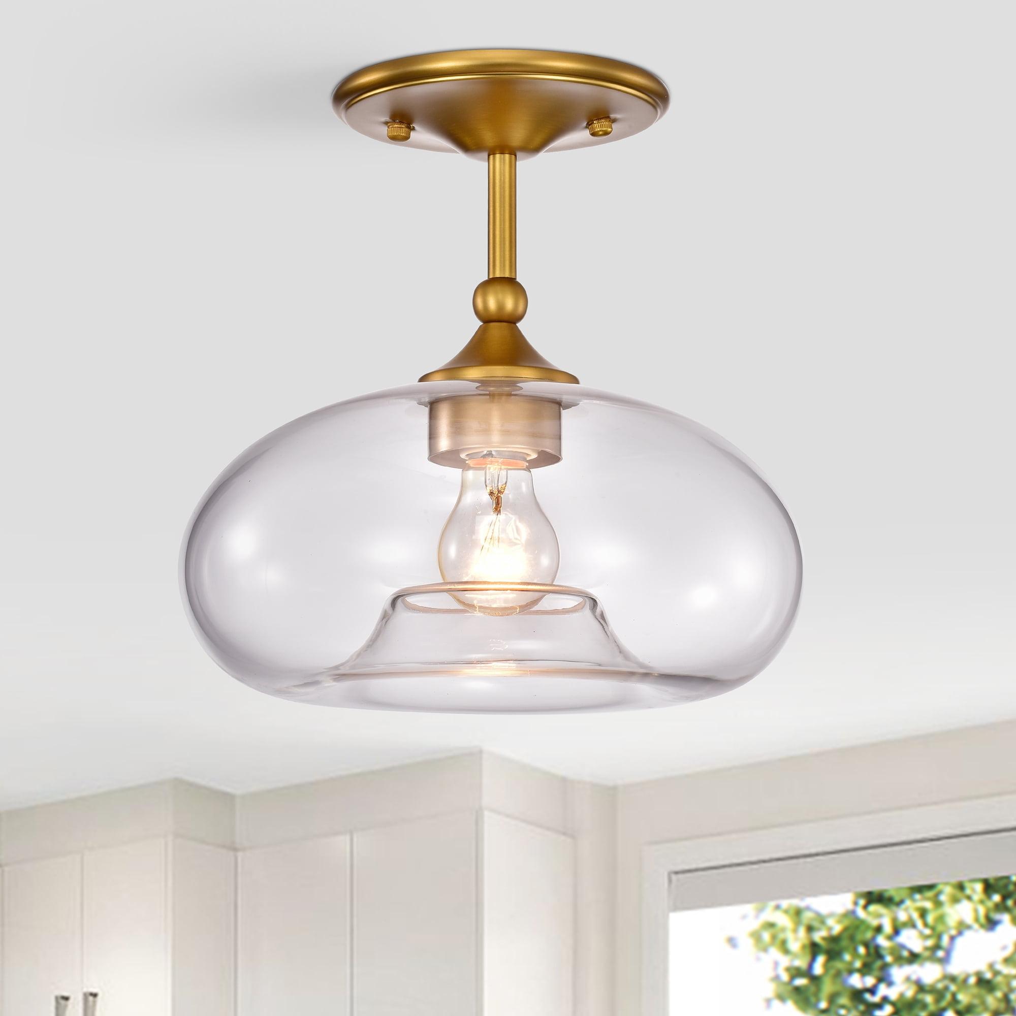 Aged Brass and Clear Glass Globe Semi-Flush Mount Light