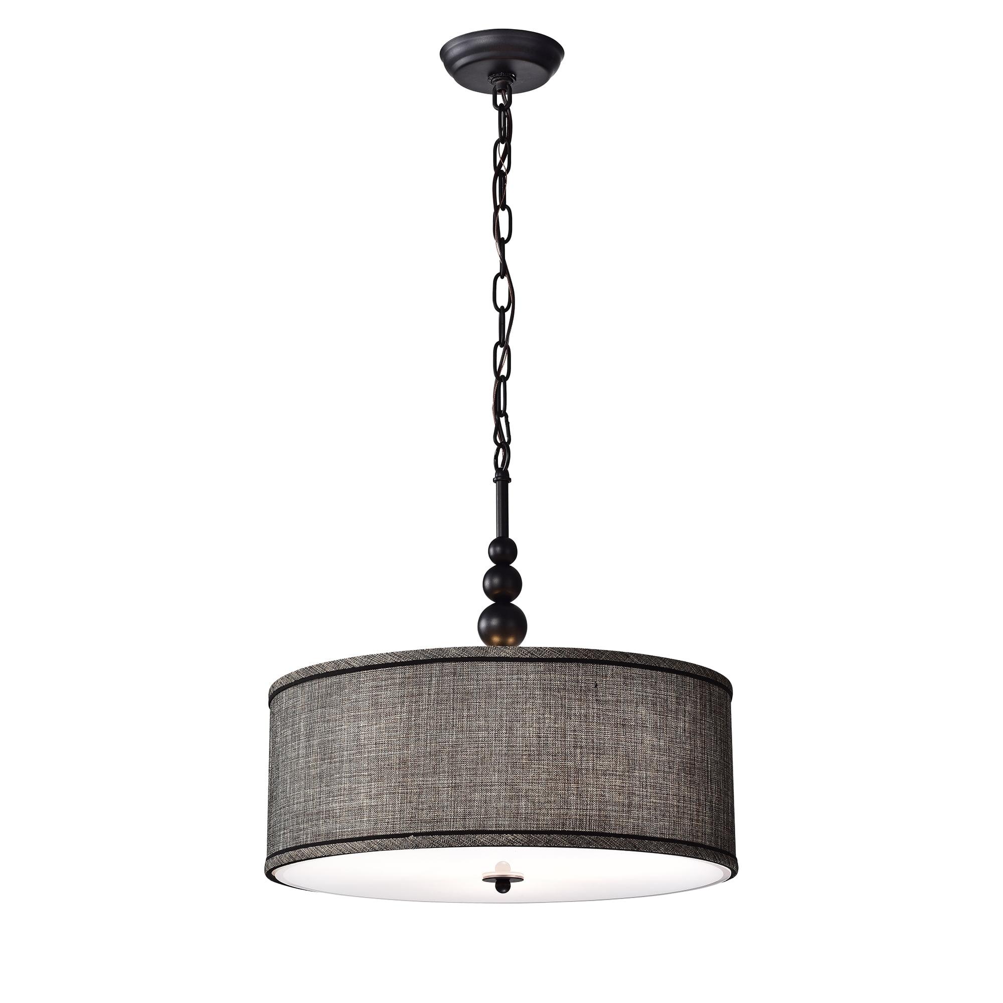 Black Glass Drum Pendant Lamp with Linen Shade