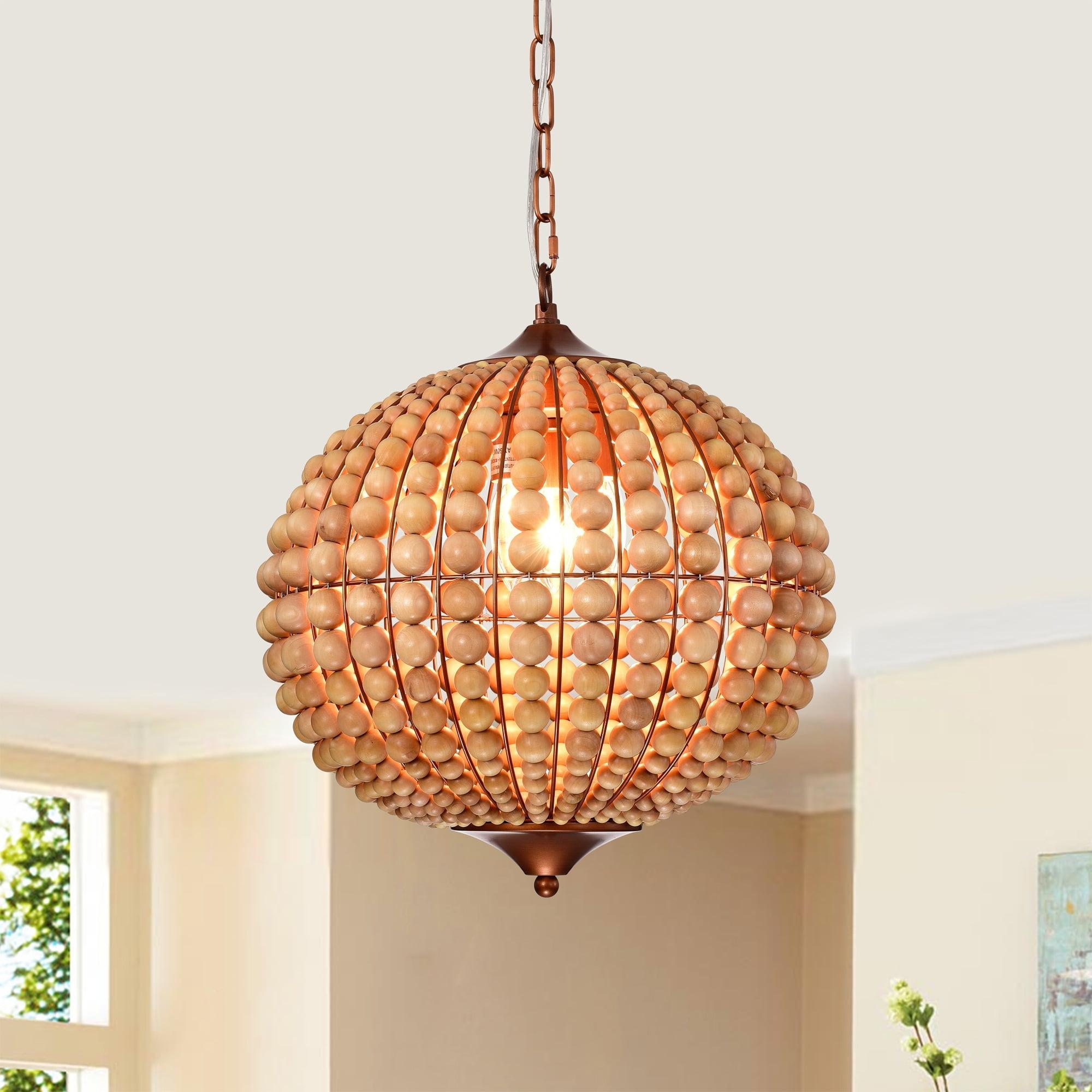 Boho Chic Bronze Cage Chandelier with Wood Bead Shade