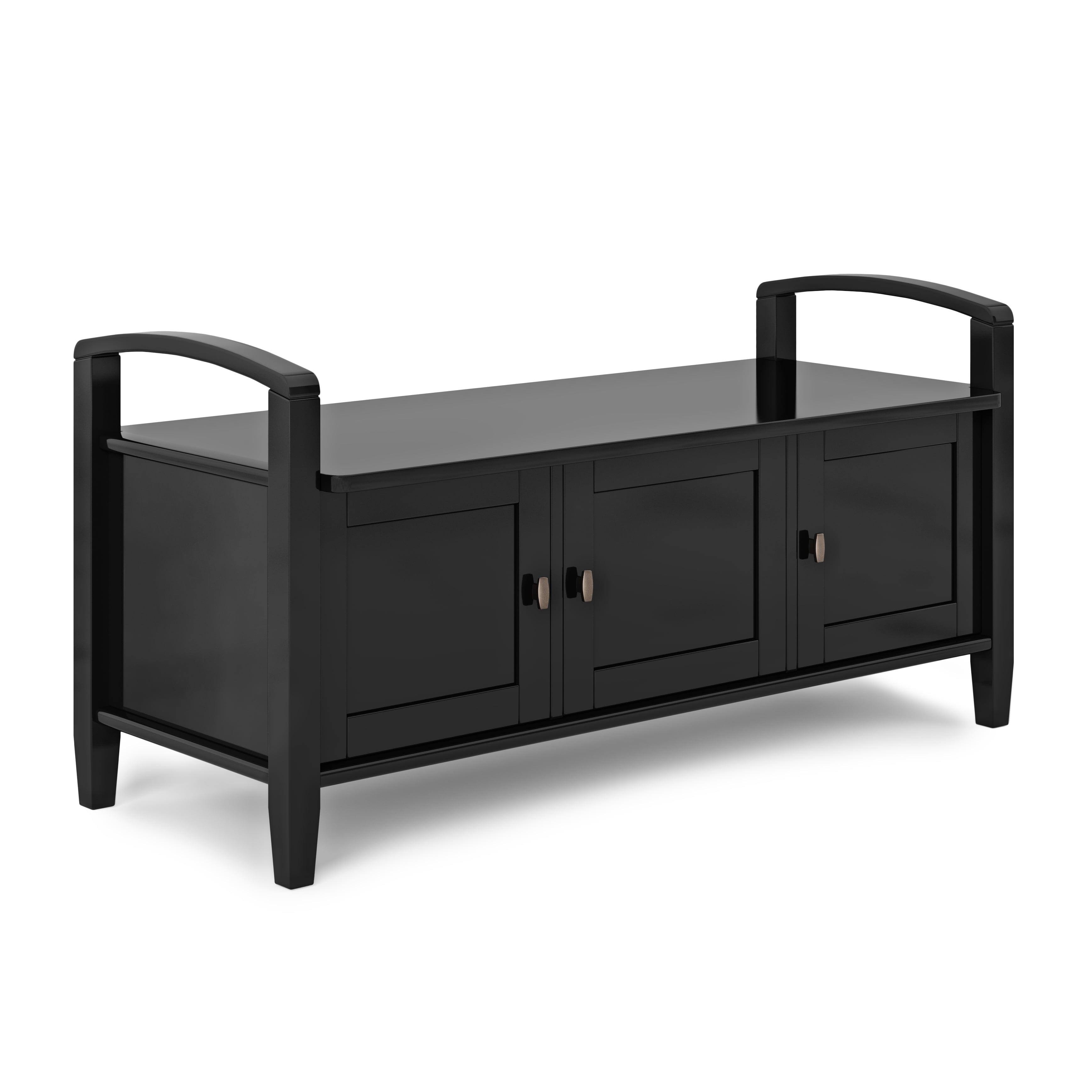 Simpli Home Warm Shaker 44"W Solid Wood Entryway Storage Bench with 3 Cabinets, Shaker-Style Doors and Interior Shelves