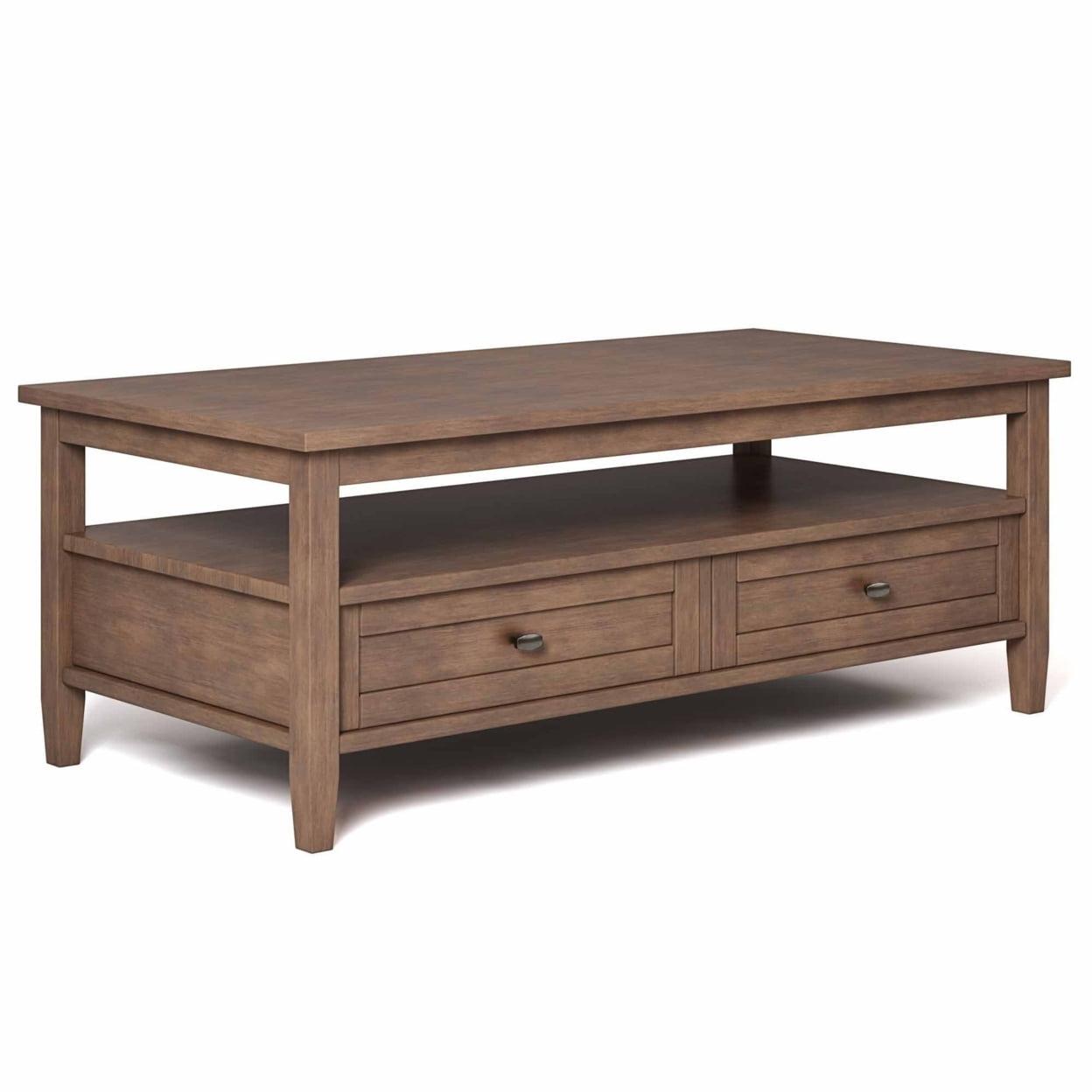 Simpli Home Warm Shaker 48"W Solid Wood Coffee Table with Two Storage Drawers and Open Shelf