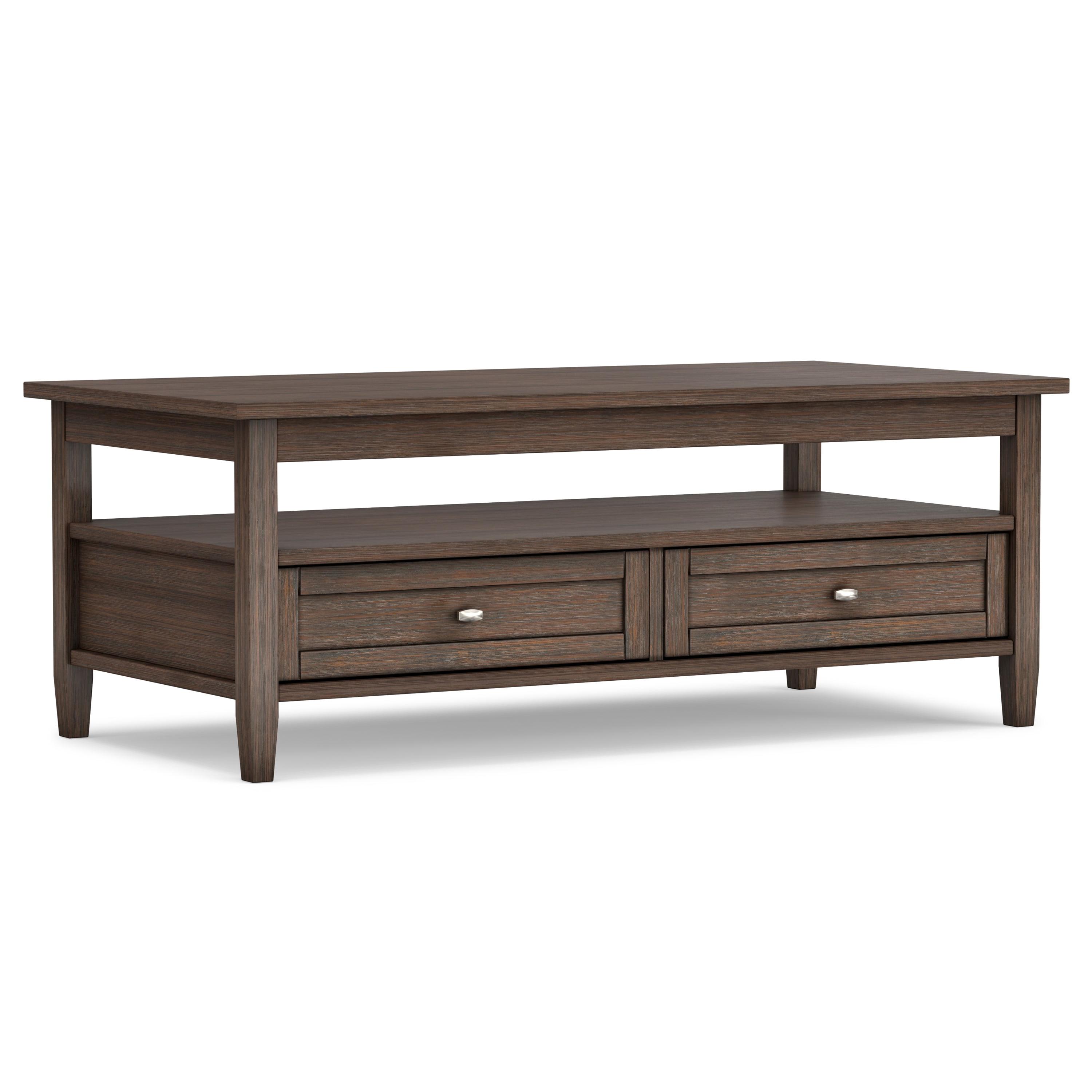 Simpli Home Warm Shaker 48"W Solid Wood Coffee Table with Two Storage Drawers and Open Shelf