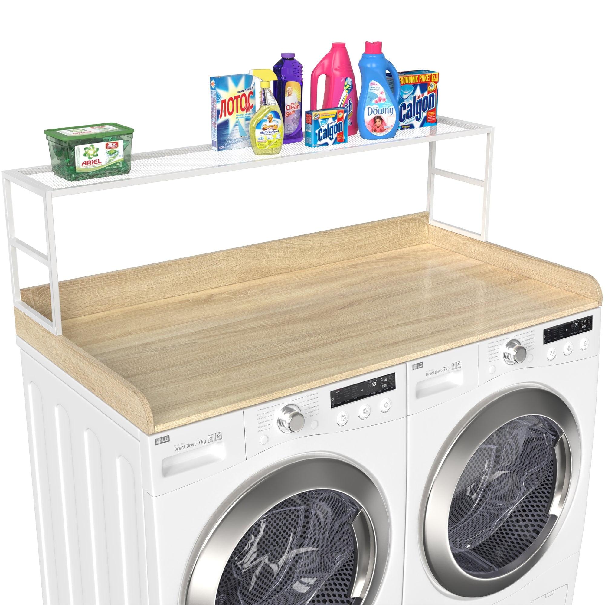 Natural Wood Laundry Countertop with Metal Shelf and Guardrails