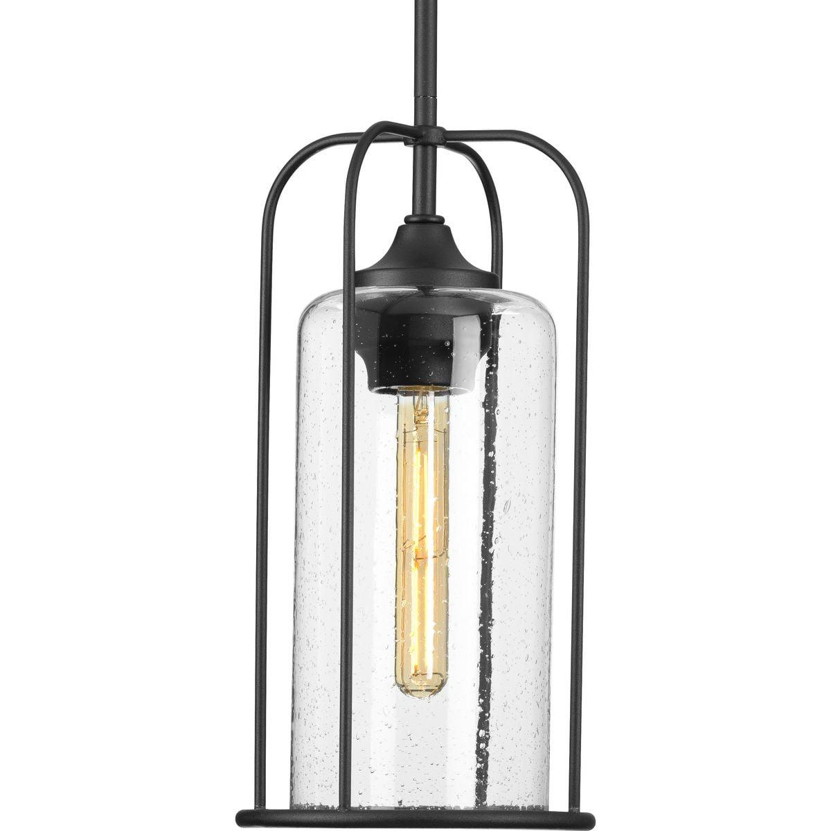 Progress Lighting, Watch Hill Collection, 1-Light, Hanging Pendant Lantern, Textured Black, Clear Seeded Glass Shade