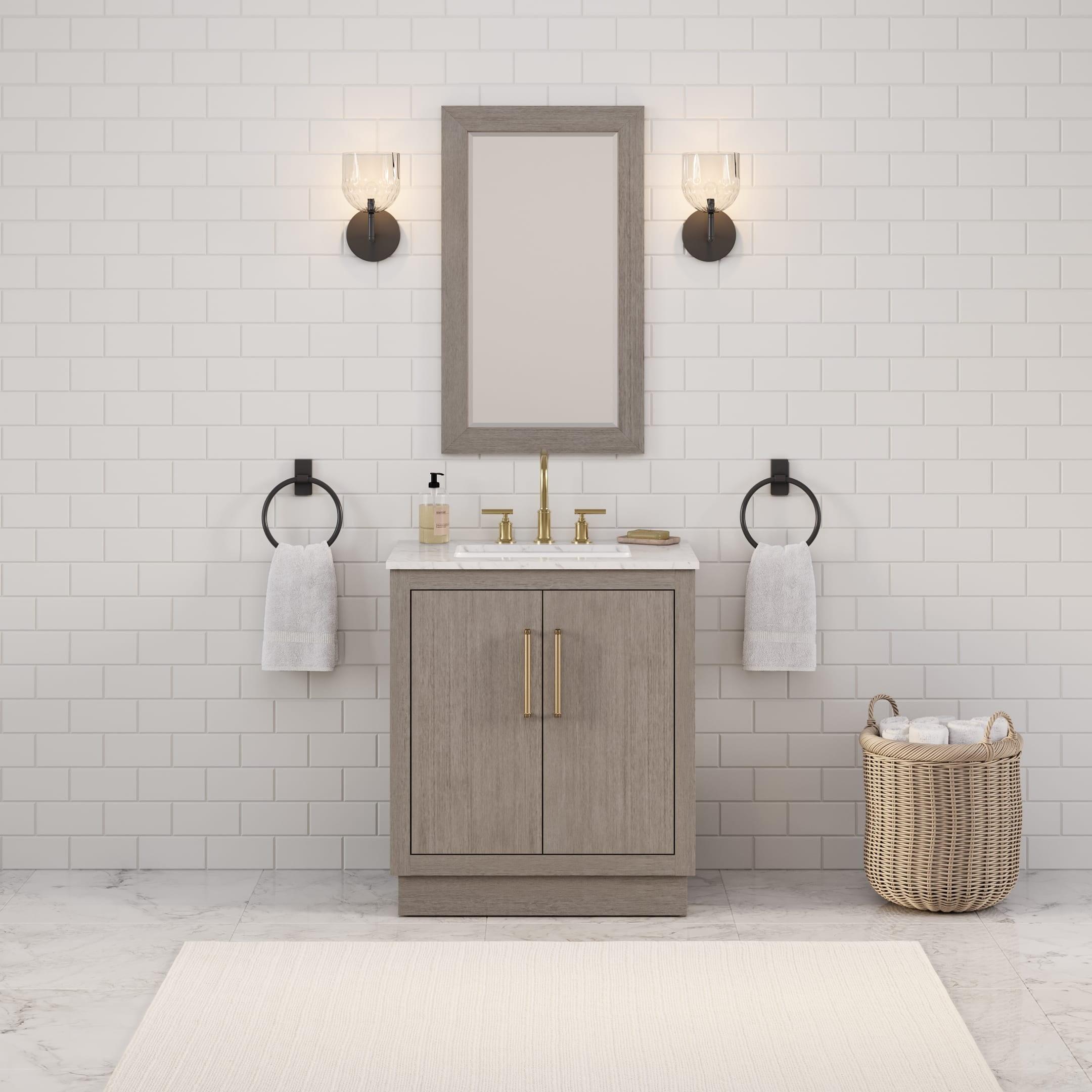 Water Creation 30" Wood Single Bathroom Vanity in Gray Oak & Gold