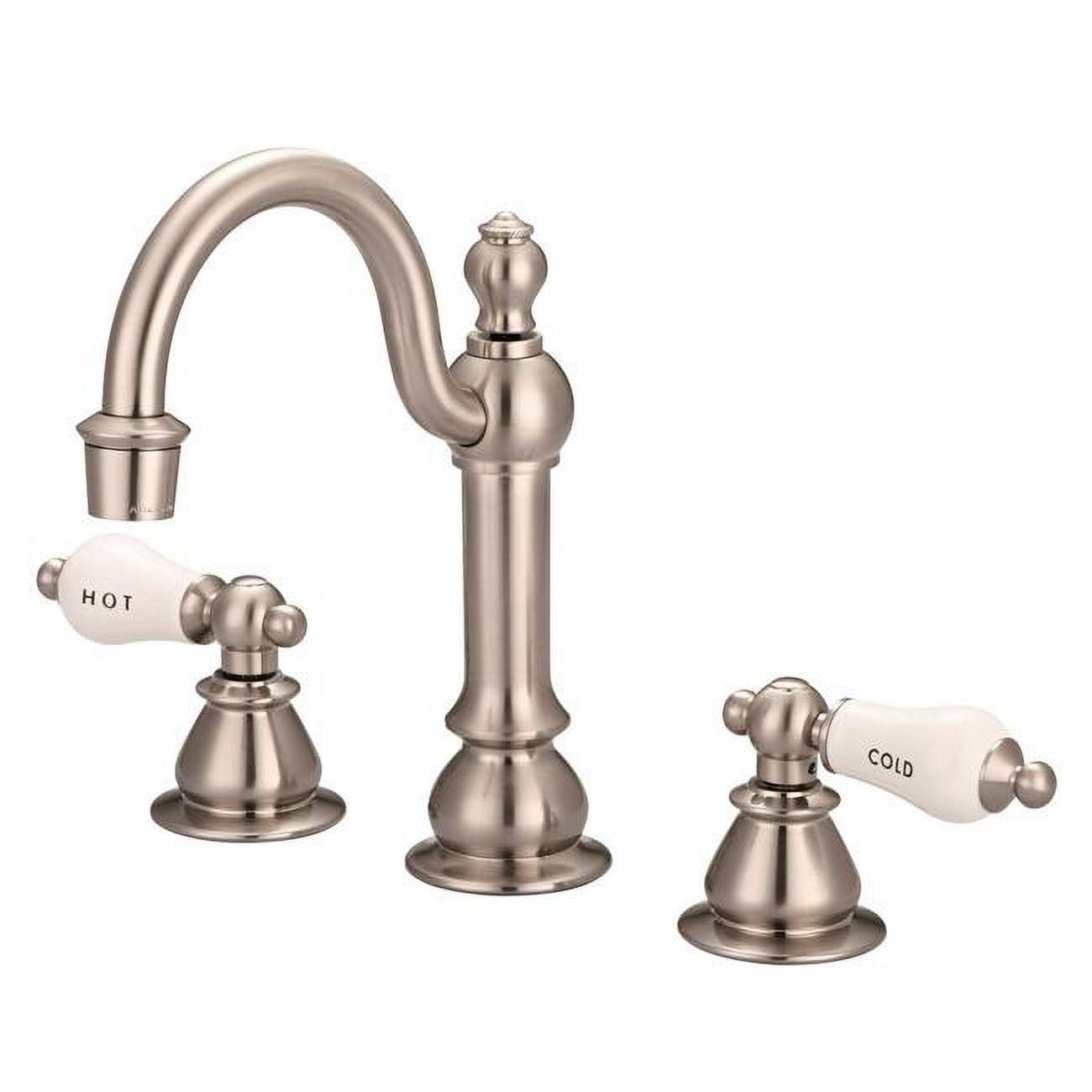 Brushed Nickel Vintage Widespread Bathroom Faucet with Porcelain Levers