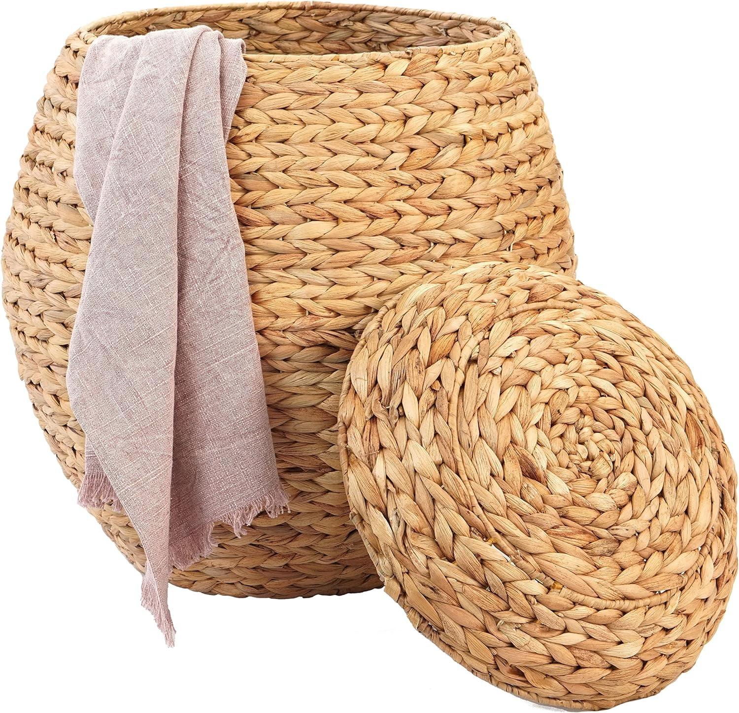 Natural Water Hyacinth 19.5" Round Wicker Storage Ottoman with Lid