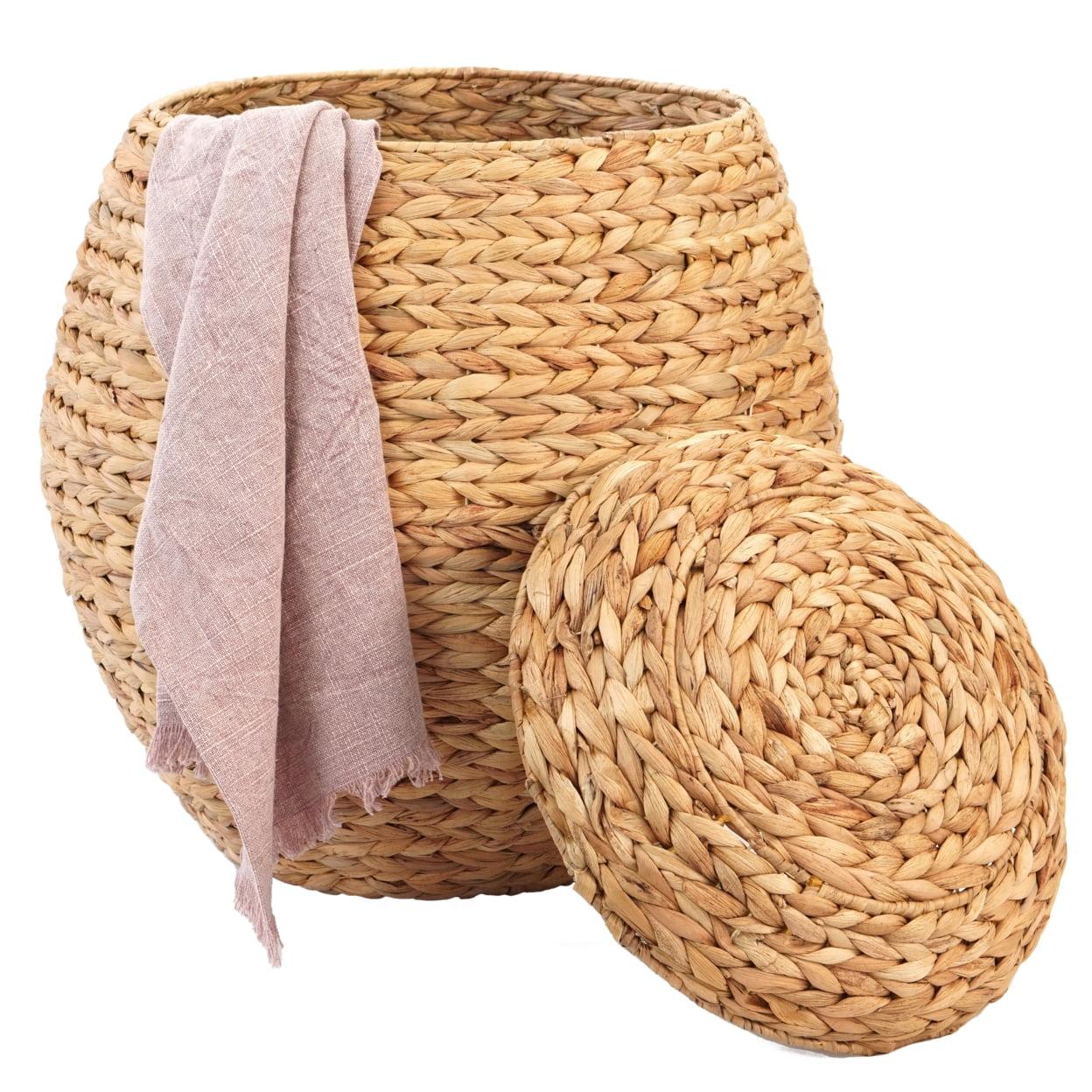 Natural Water Hyacinth 19.5" Round Wicker Storage Ottoman with Lid