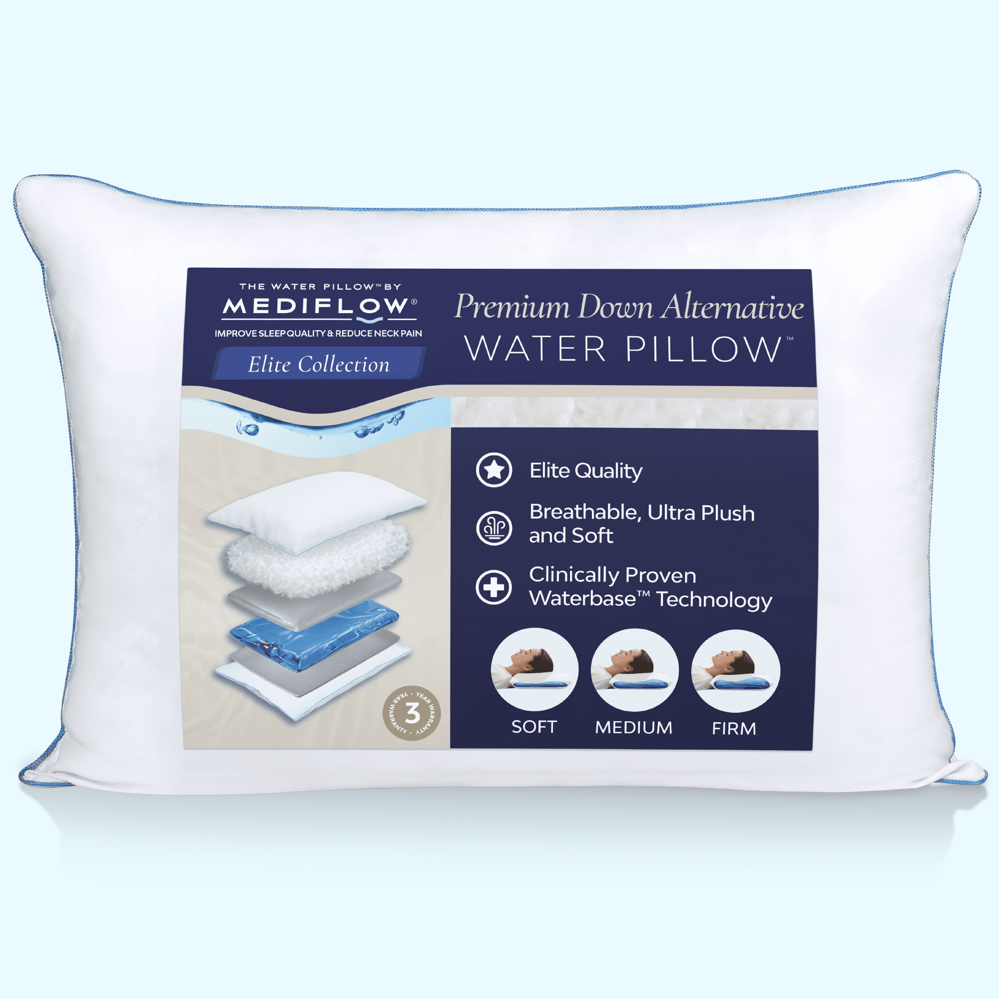 Water Pillow - Elite Collection, Down Alternative Pillow. Orthopedic Pillow for Neck Pain Relief, Adjustable Water Pillow for Sleeping. (Single Pillow)