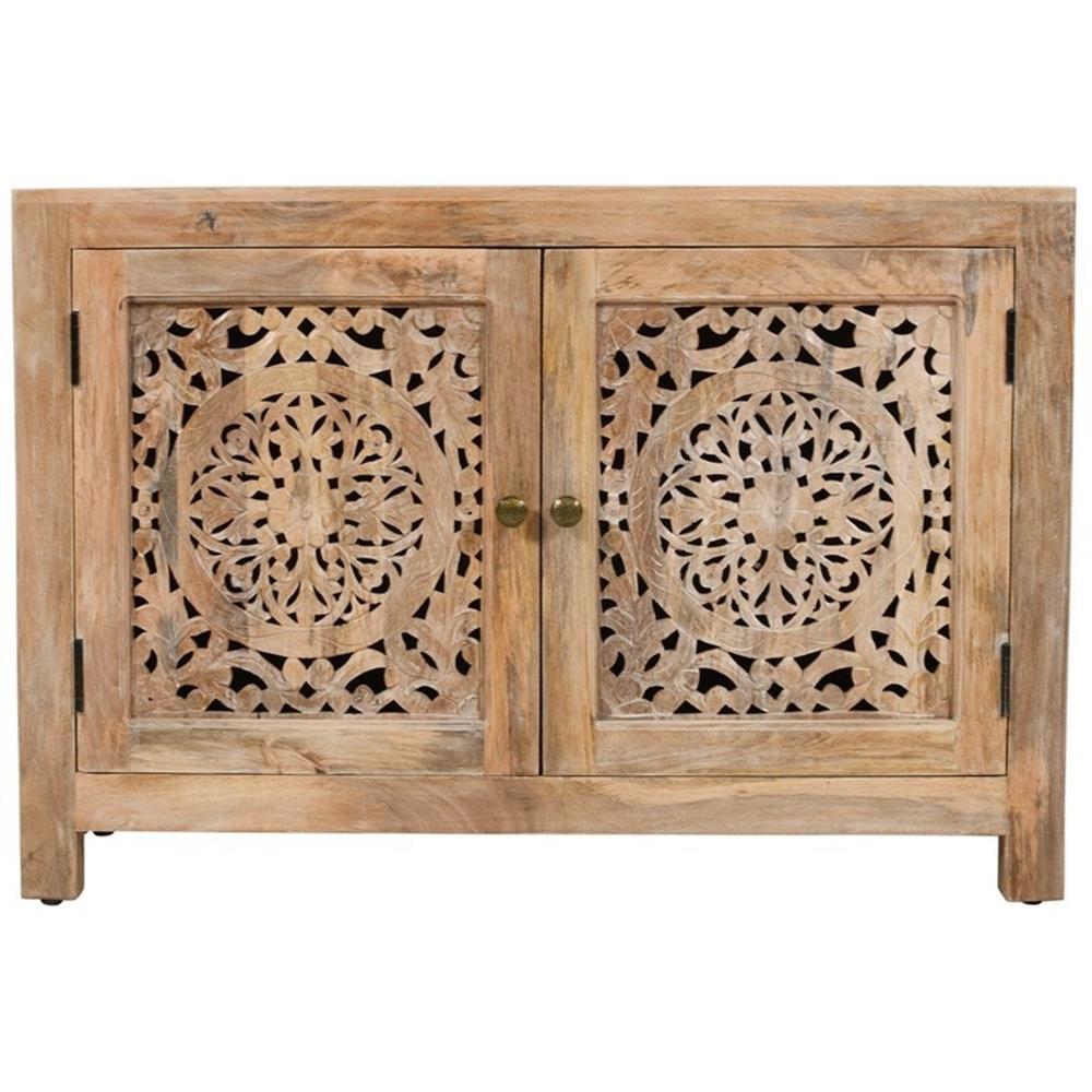 Natural Light Brown Hand-Carved Mango Wood Accent Cabinet