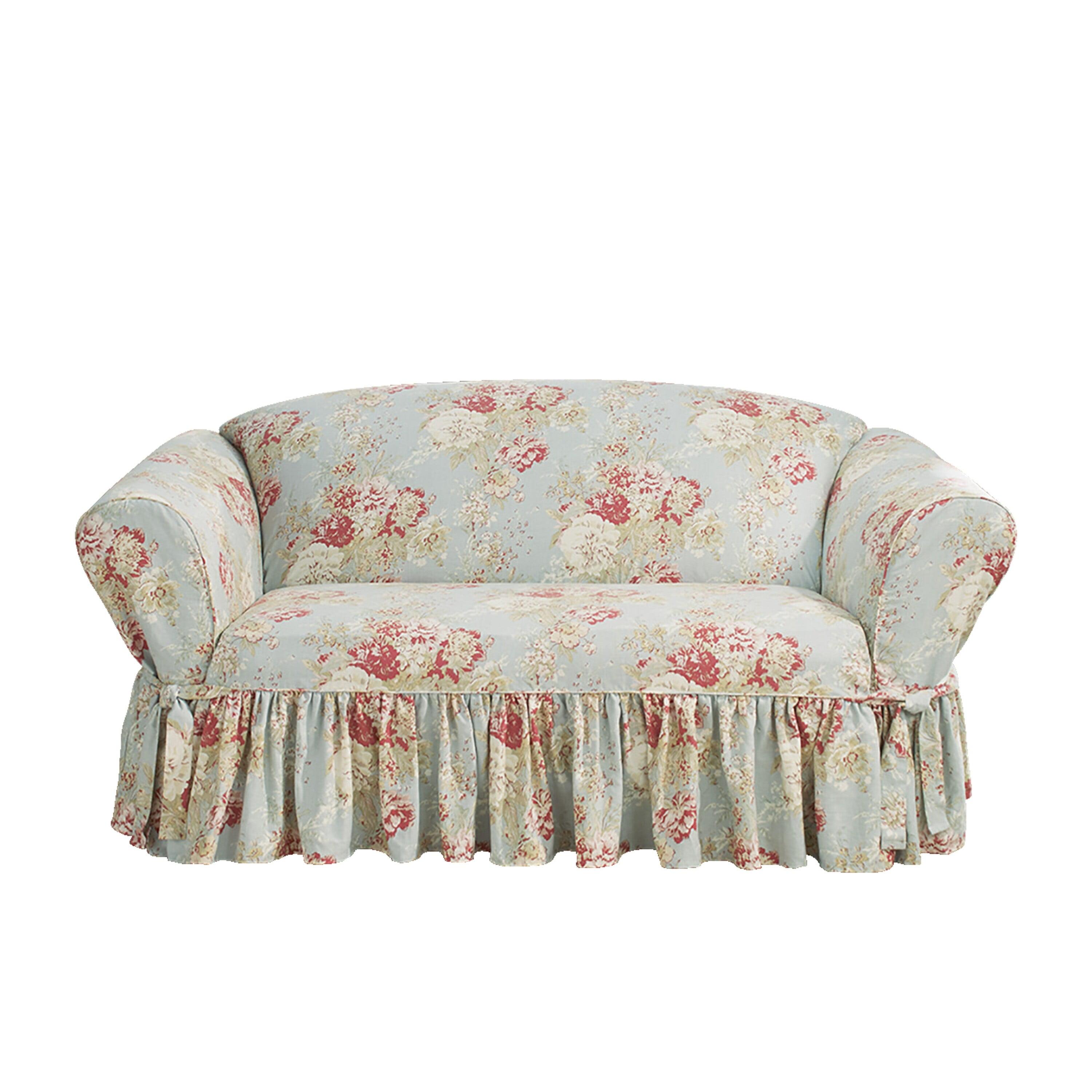 Robin's Egg Blue Floral Cotton Loveseat Slipcover with Ruffled Skirt