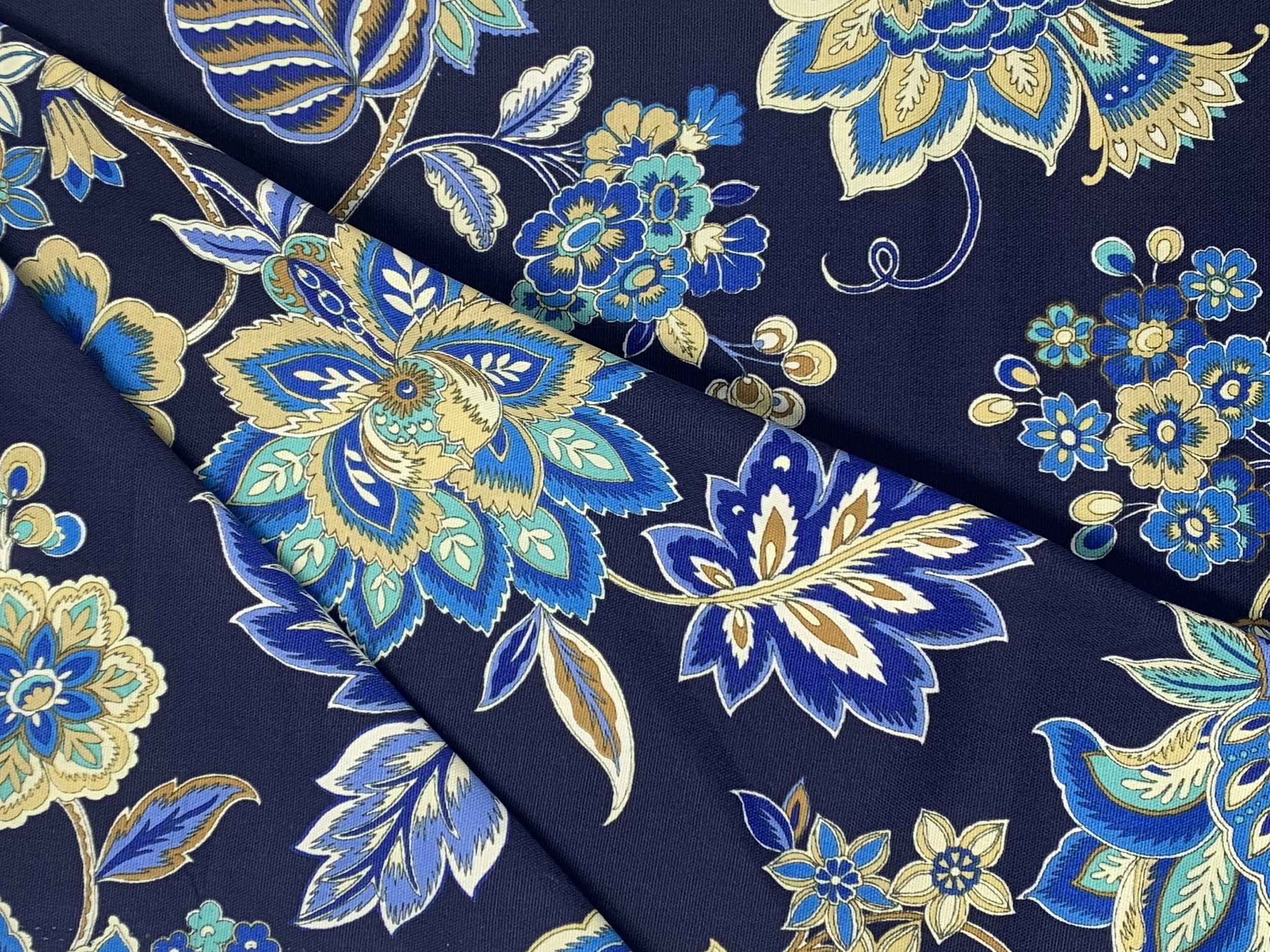 Floral Blue Quilted Cotton Canvas Outdoor Upholstery Fabric