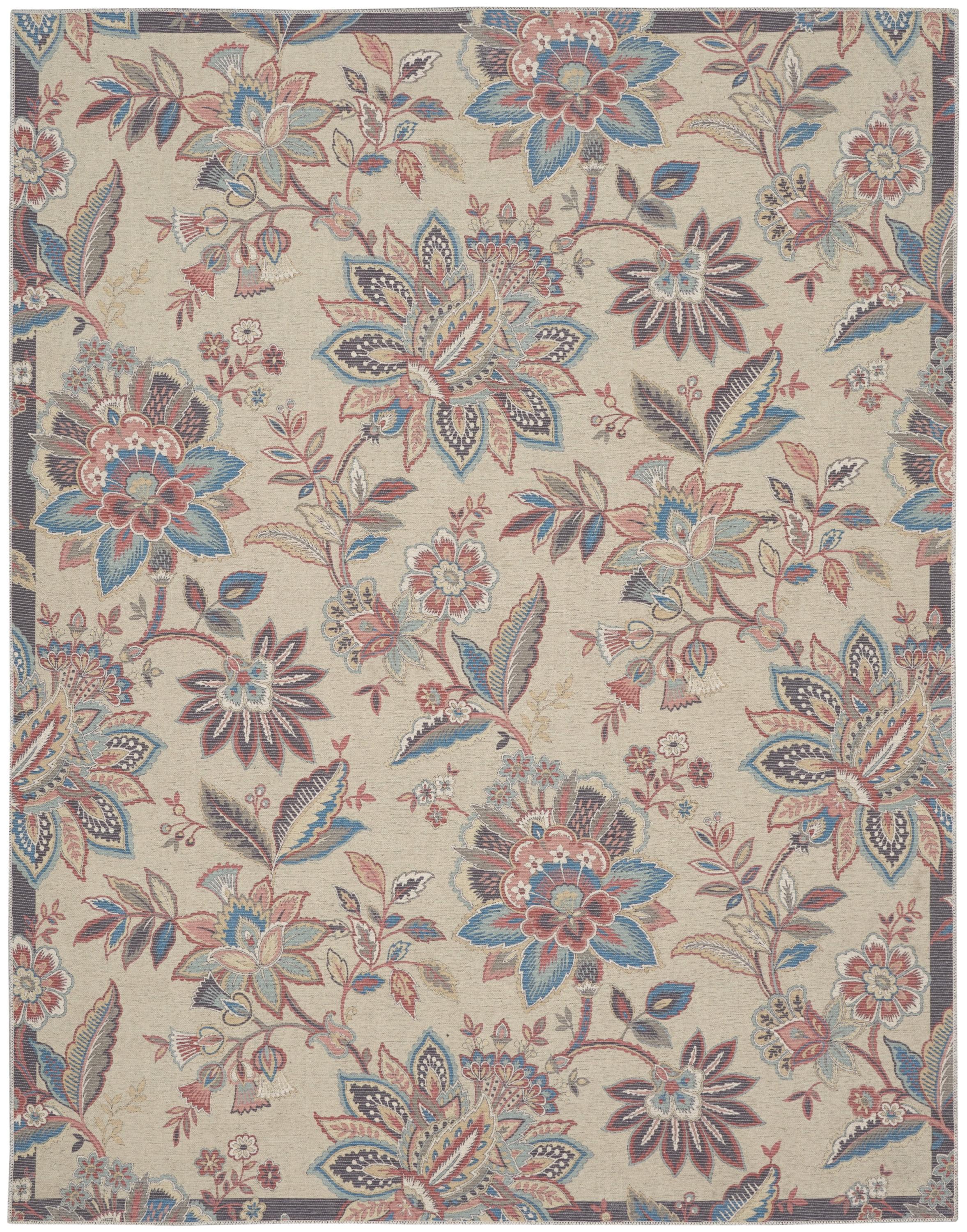 Beige Floral Chenille Rectangular Washable Area Rug