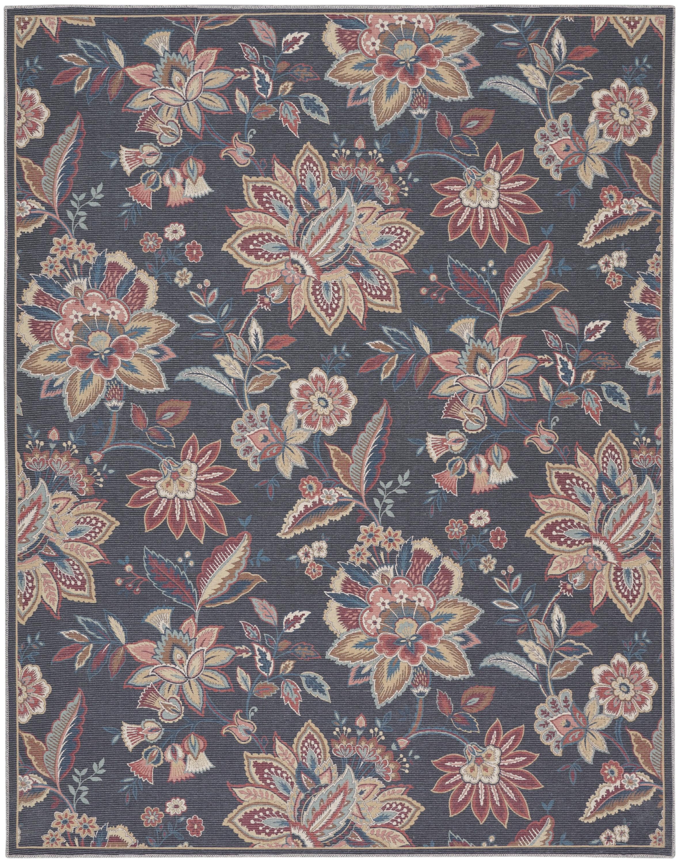 Charcoal Floral Rectangular Washable Synthetic Rug