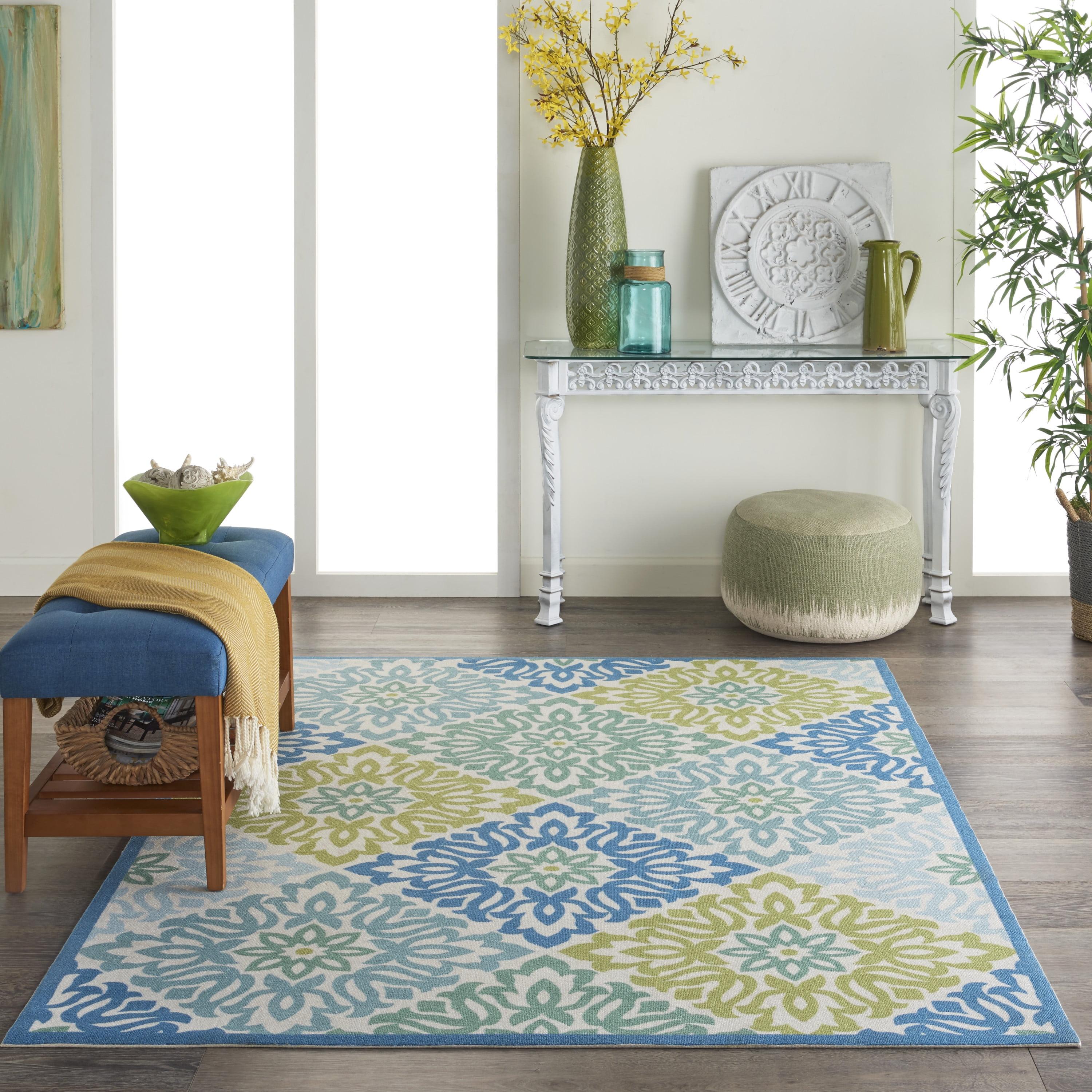 Blue and Green Floral Rectangular Synthetic Area Rug 4' x 6'