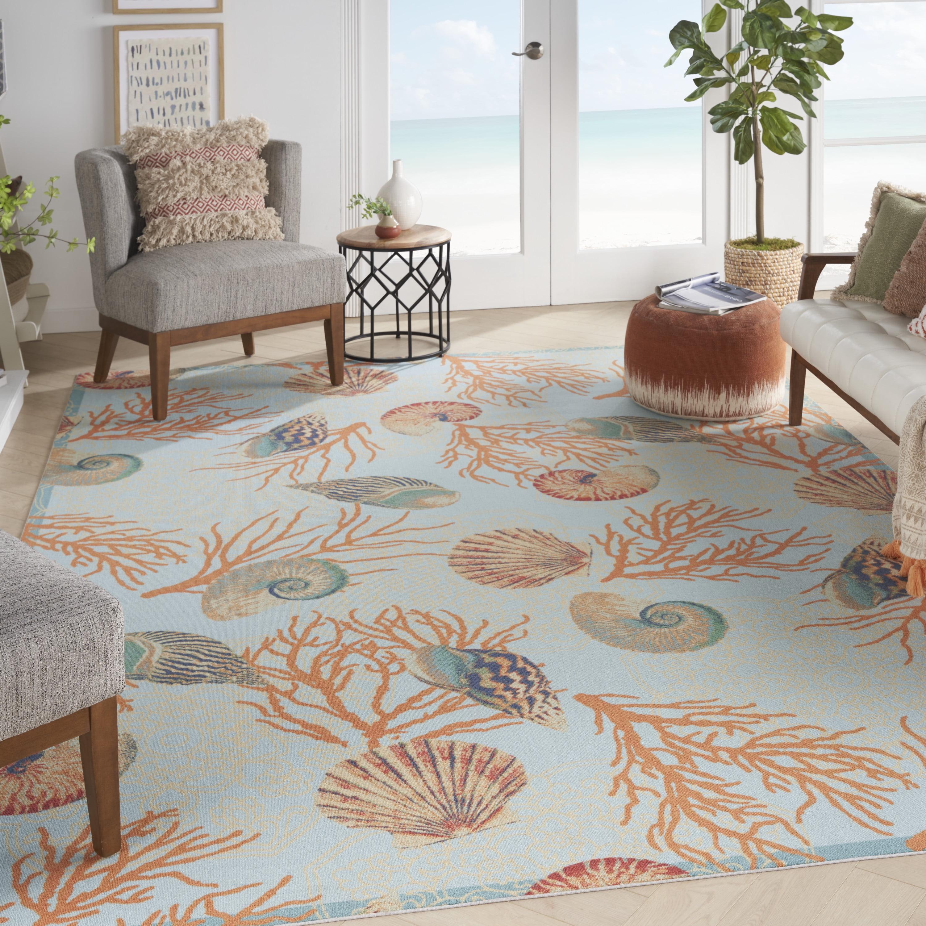 Shore Thing Coastal Light Blue Floral Outdoor Rug 10' x 13'