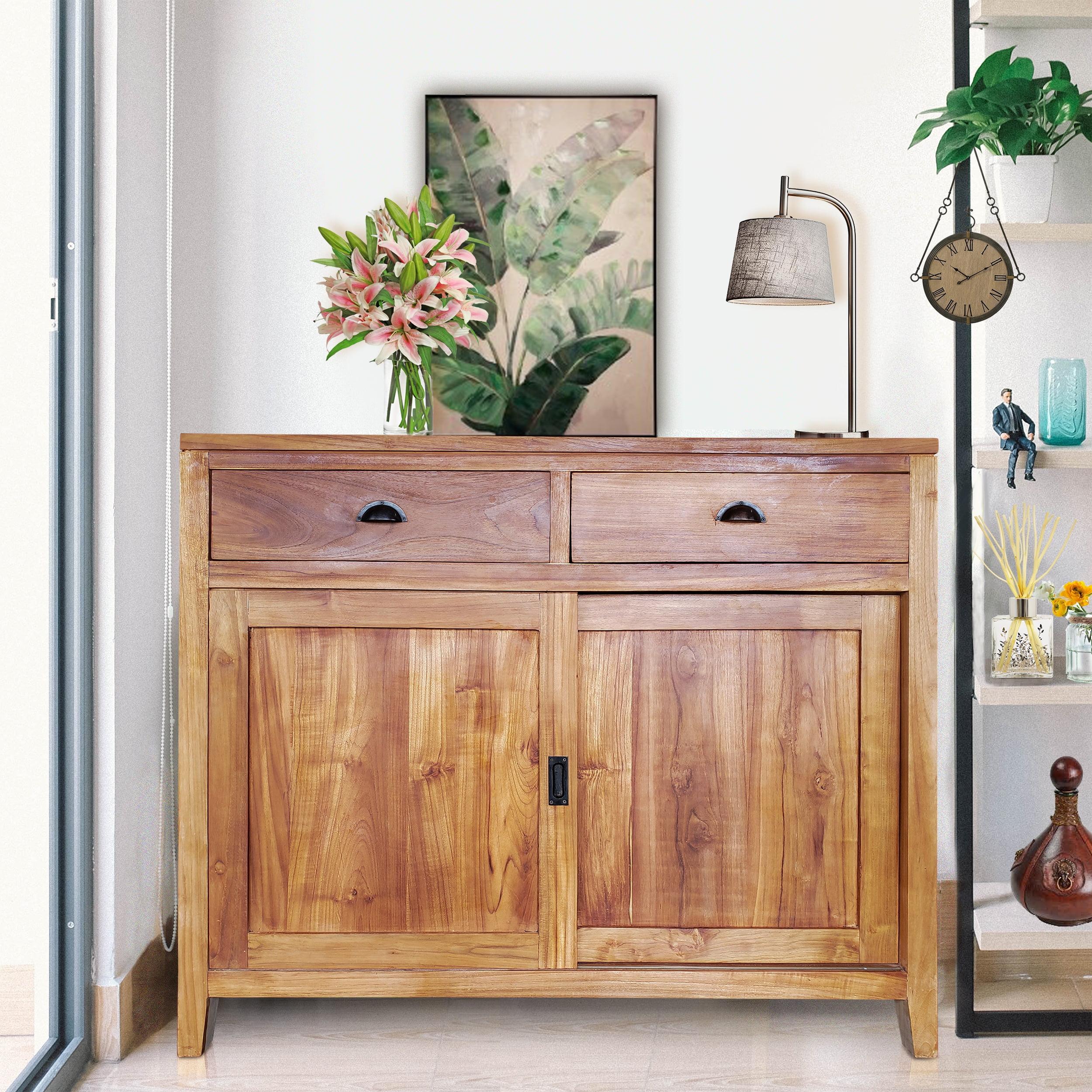 Waxed Teak Wood Buffet with Brass Hardware