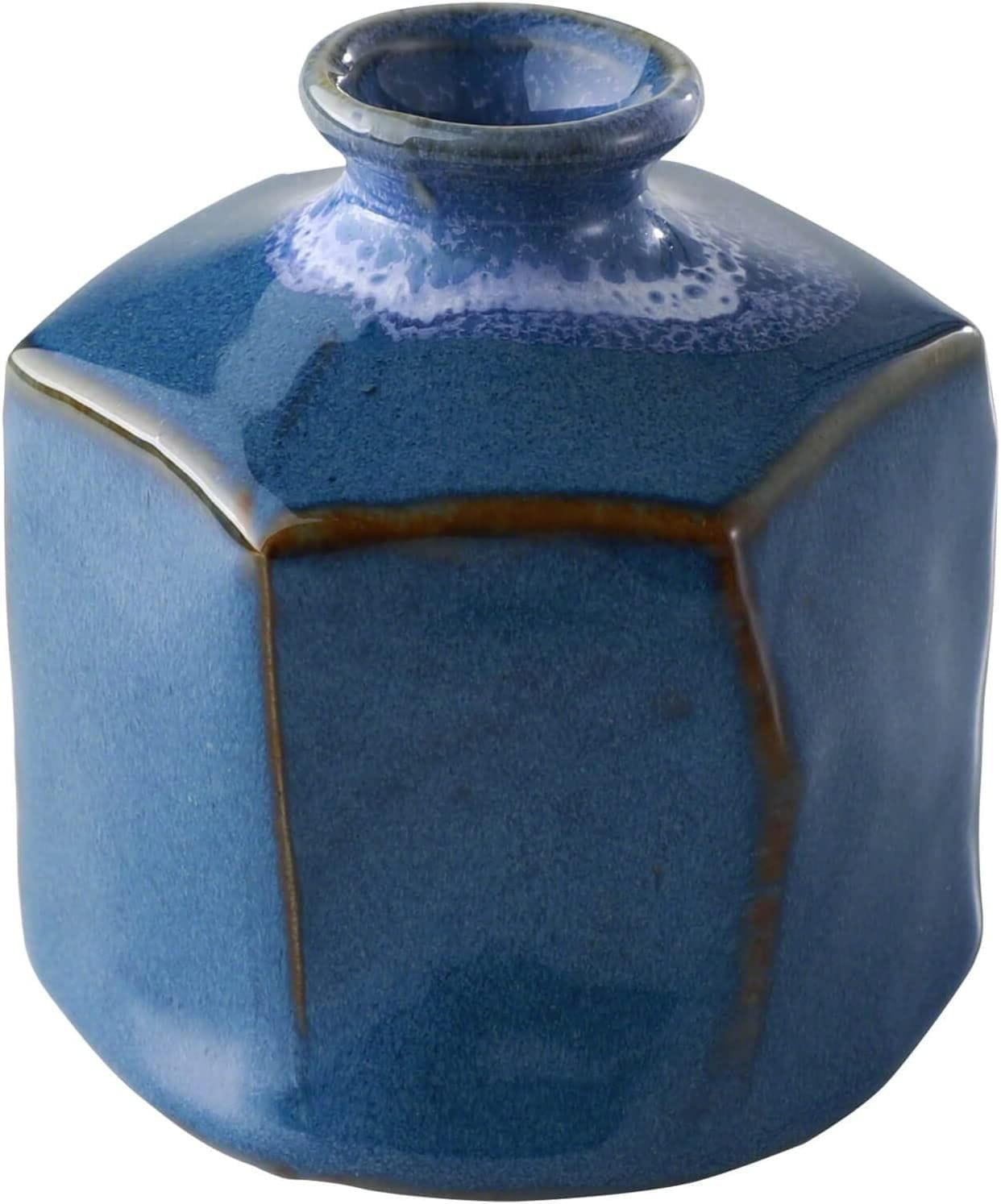 Wazakura Minoyaki Ceramic Small Ikebana Flower Bud Vase Hexagon Shaped Blue Made in Japan