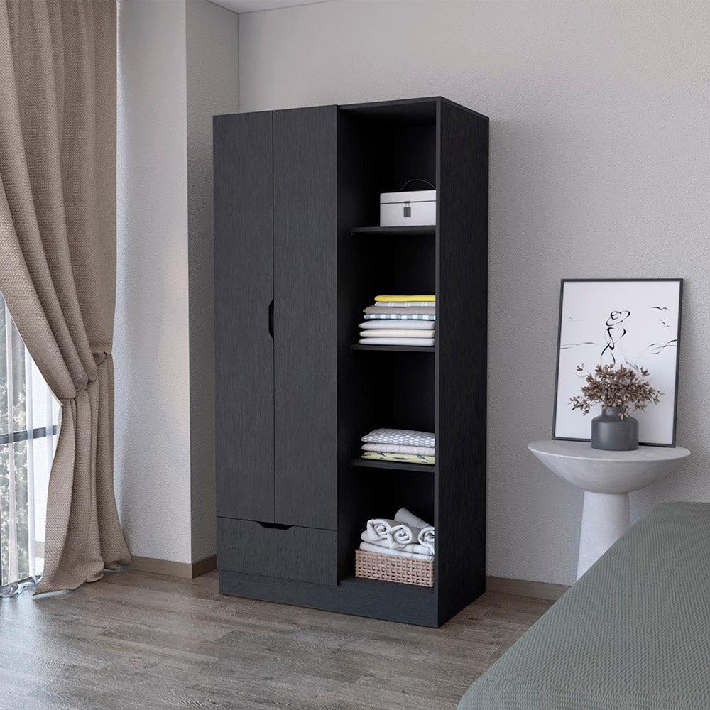 We Have Furniture Armoire Dover, 4 Shelves, Drawer and Double Door, Black Wengue Finish