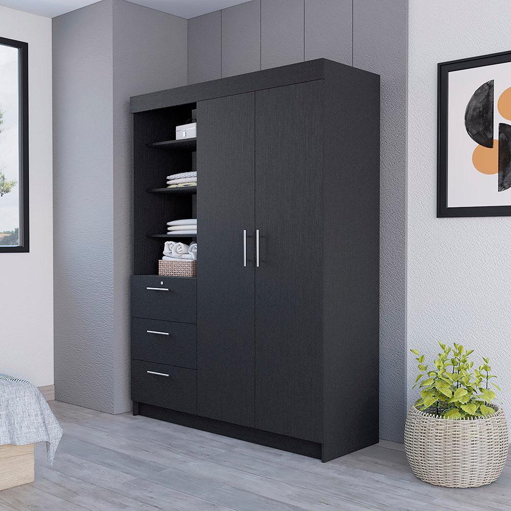 Black Wengue Finish Armoire with Three Drawers and Shelves