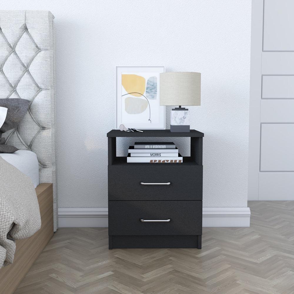 Modern Matte Black 2-Drawer Nightstand with Steel Accents