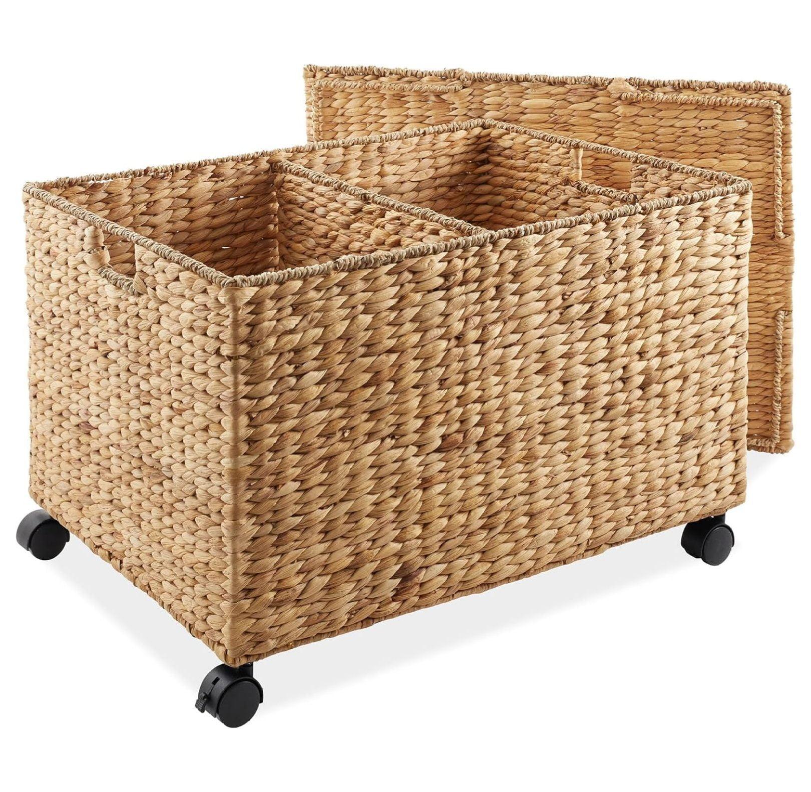 Casafield Rolling Storage Basket Cart with Lid and Wheels, Natural - Woven Water Hyacinth Divided Sorting Bin for Kitchen, Laundry, Pantry, Garage