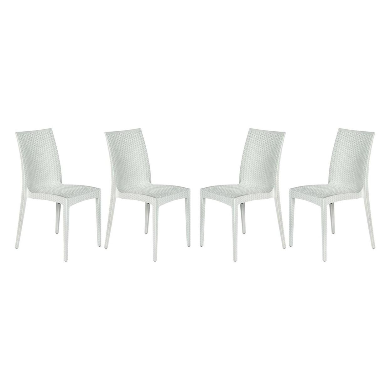 Modern Weave Design White Polypropylene Stackable Dining Chair, Set of 4