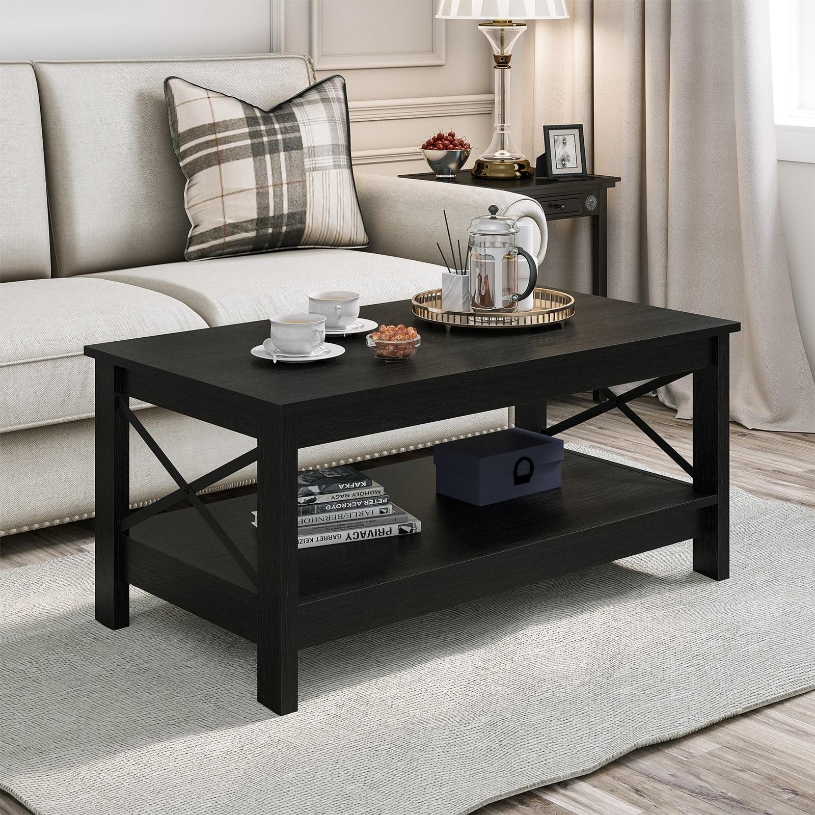 Black Rectangular Wood Coffee Table with Storage Shelf