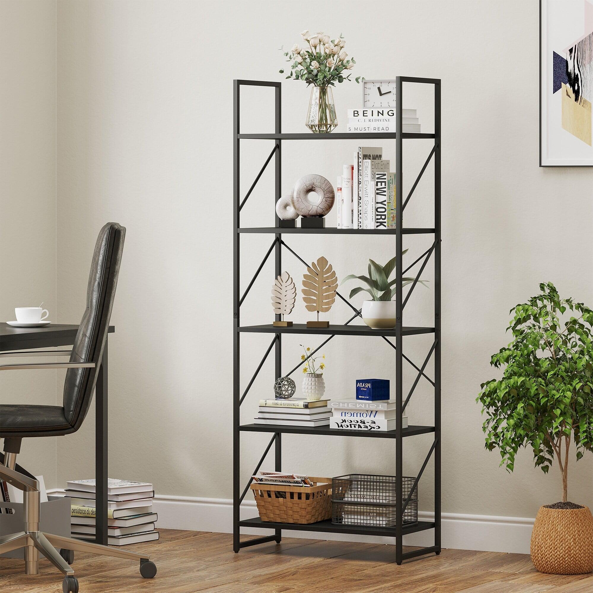 WedealFu Inc Roul Wood 5 Tiers Bookshelf Modern Bookcase Storage Rack Shelves Black