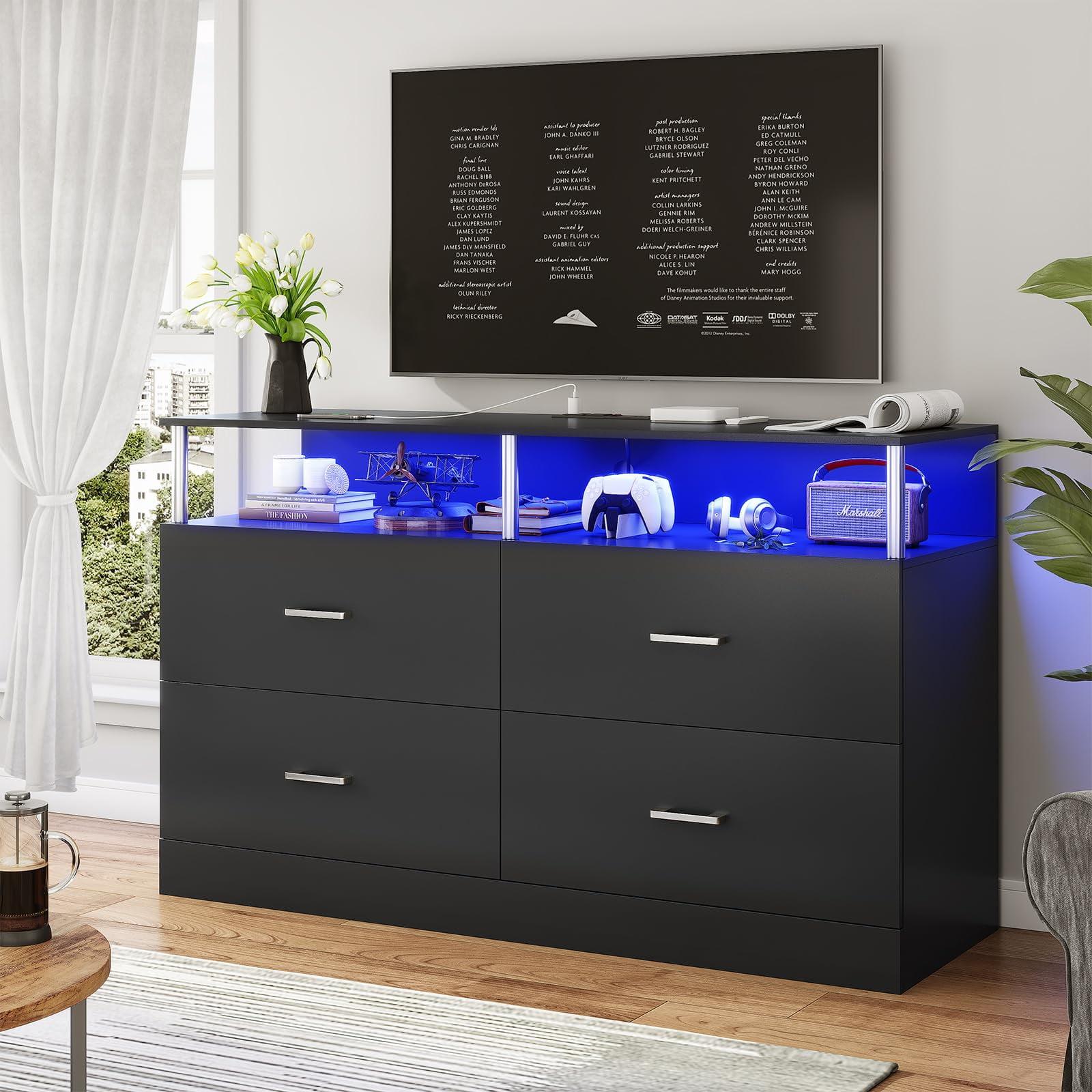 Black Modern LED Dresser with Charging Station and Columns