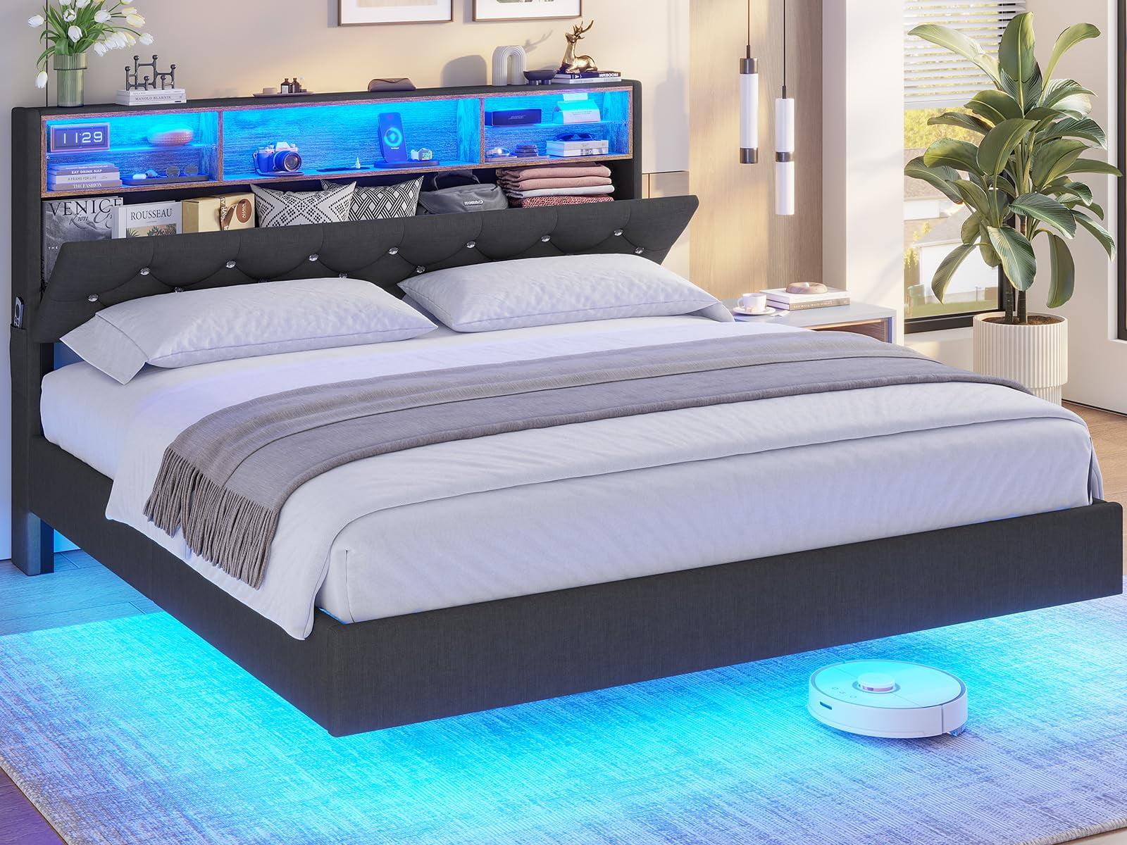 Weiplehoom Full Floating Bed Frame with Storage Headboard and LED Lights, Linen Upholstered Platform Bed with Charging Station, Dark Gray